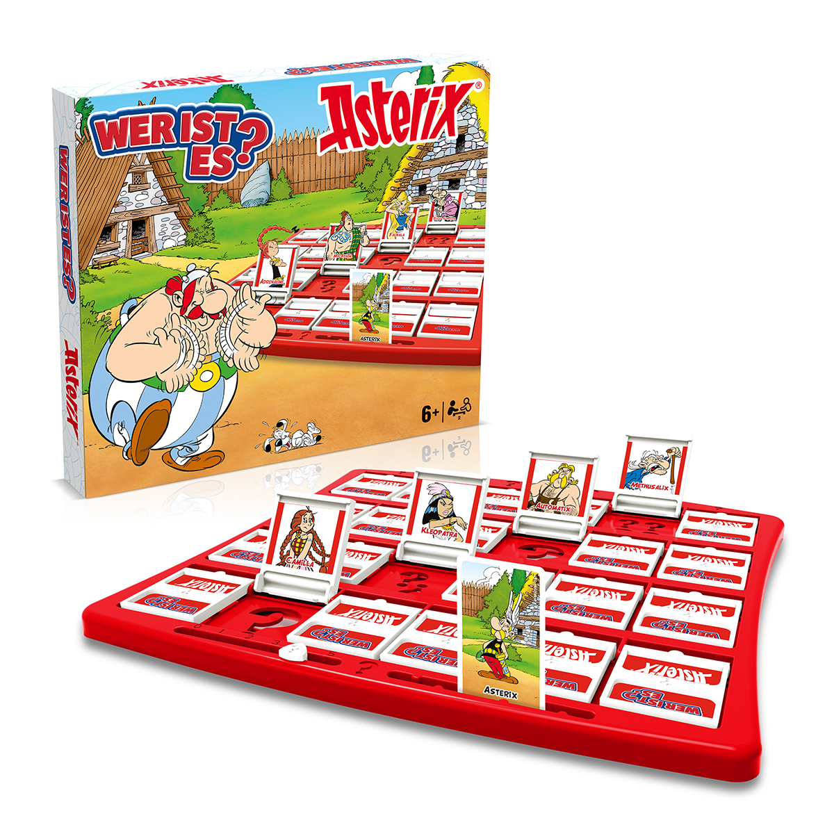 Asterix Brettspiel mit Box und Spielbrett. Das Spielbrett hat Charakterkarten und Felder. Weißer Hintergrund.