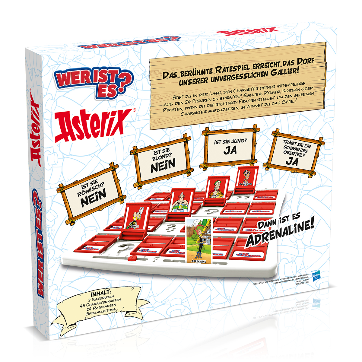Wer Ist Es? Brettspielbox mit Asterix-Charakteren. Text und Spielbrett sichtbar.