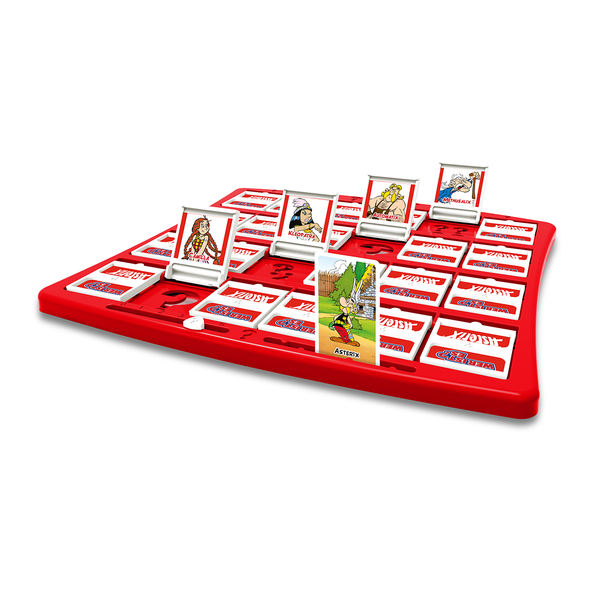 Rotes Brettspiel mit Charakterkarten. Eine Karte zeigt Asterix.