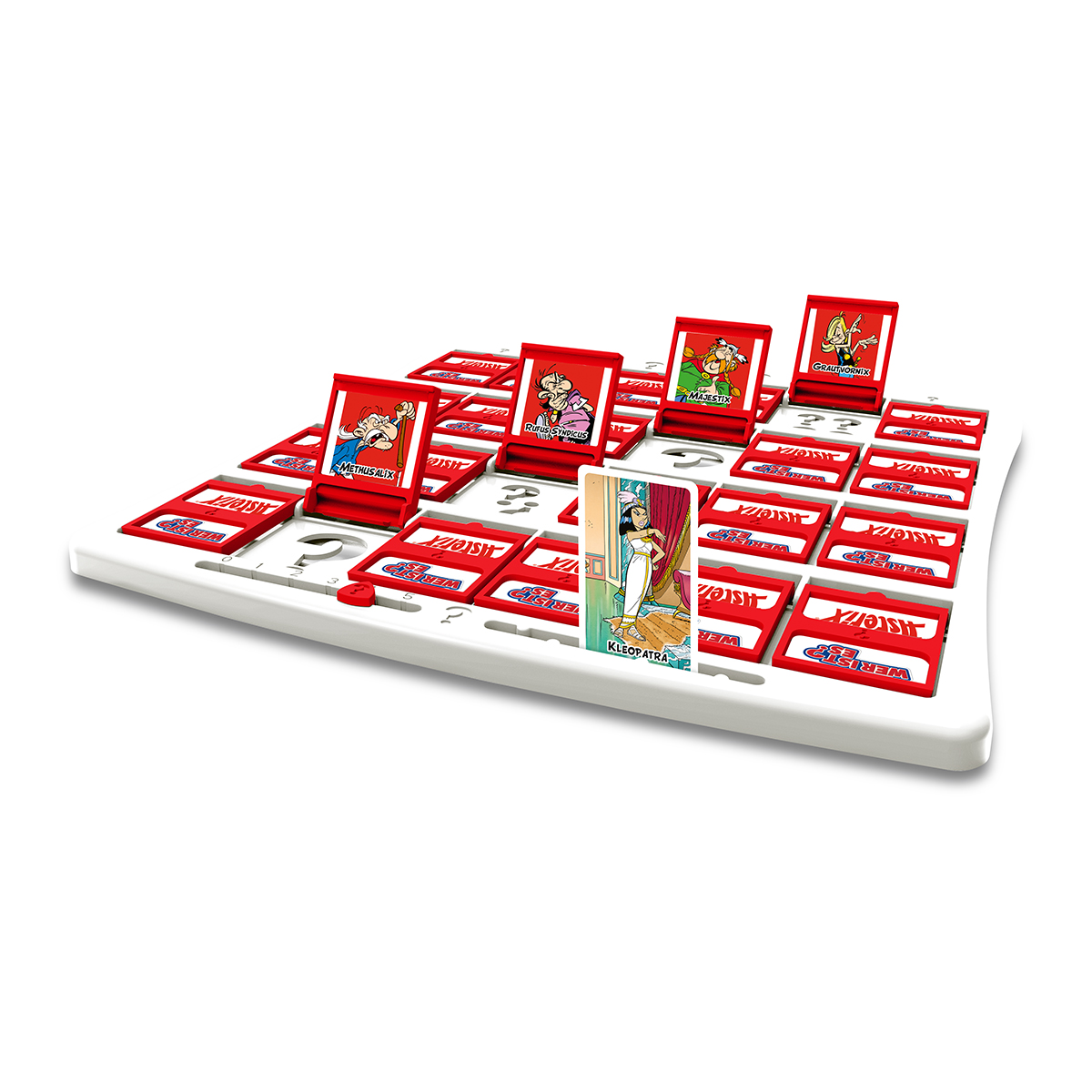 Brettspiel: Wer bin ich? Rote Rahmen, Karten und ein weißes Spielbrett. Charaktere sichtbar.