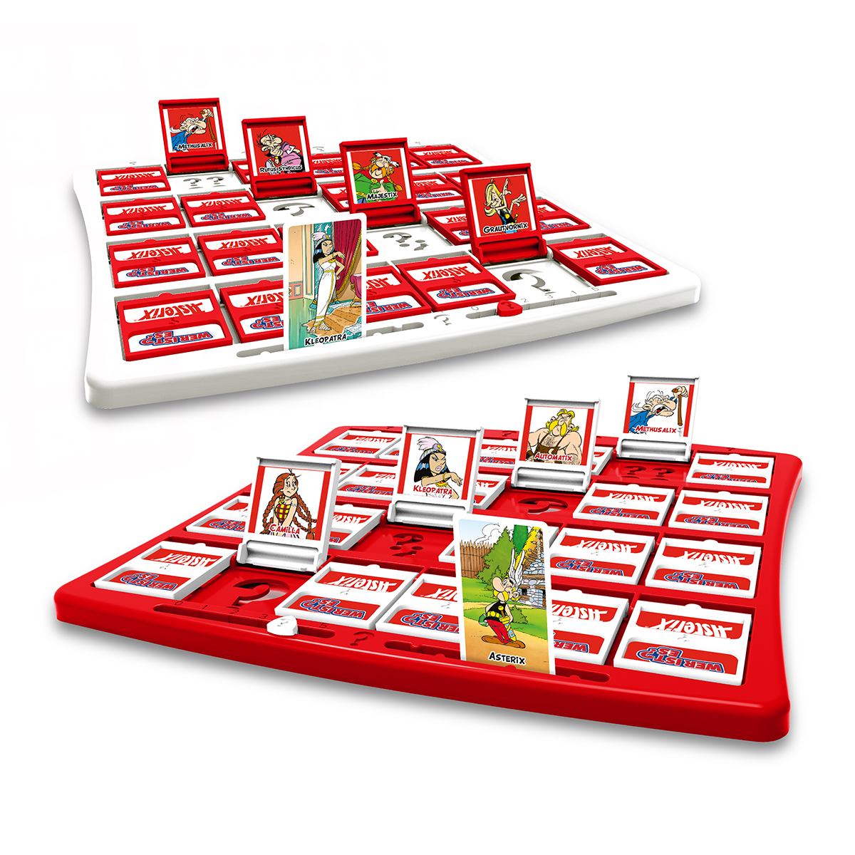 Ein Brettspiel mit zwei Spielaufbauten, Asterix, mit Karten und Figuren, rot und weiß.