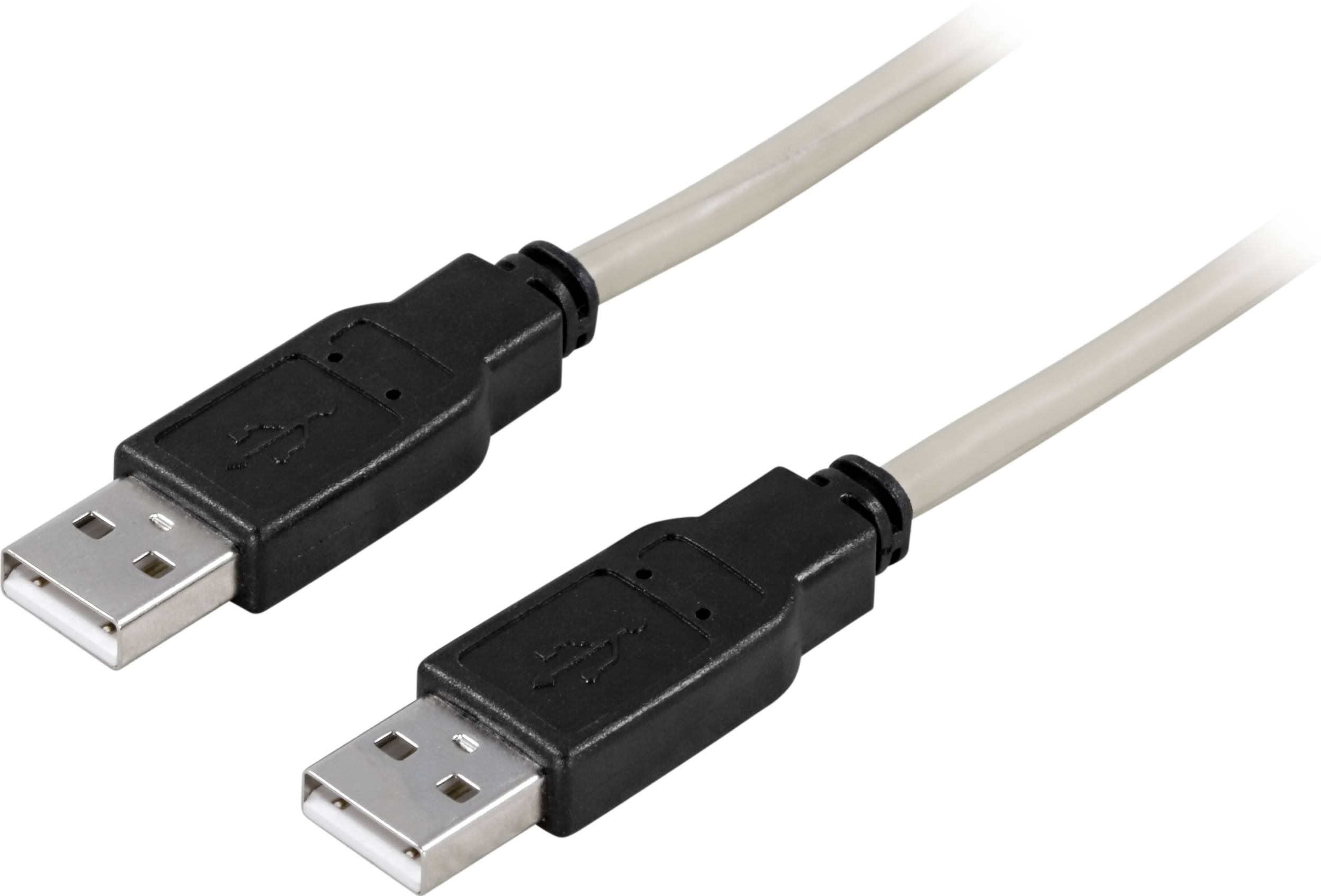 Due cavi USB con connettori neri e un cavo grigio, su sfondo bianco.