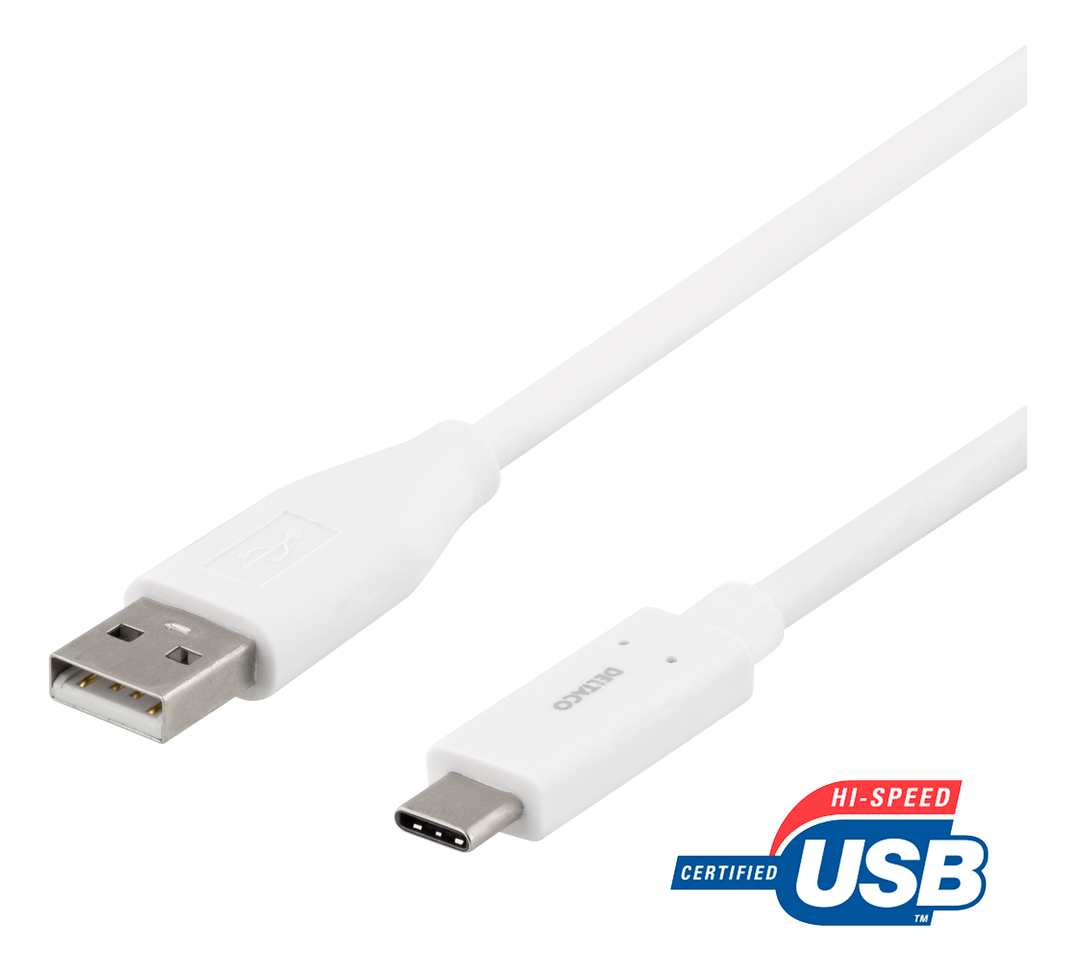 Cavo USB bianco con connettori USB-A e USB-C. Logo USB certificato a destra.
