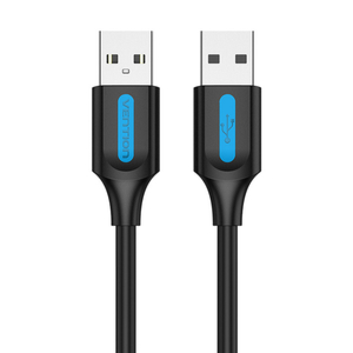 Cavo USB nero con logo Vention blu e simboli USB. Sfondo bianco.