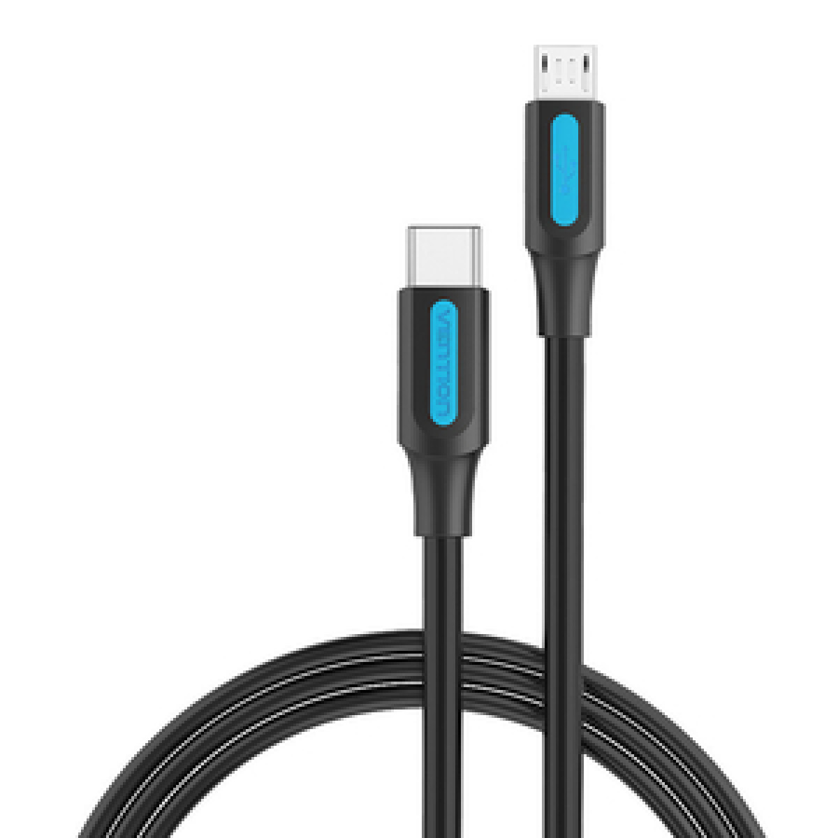 Cavo USB nero con connettori USB-C e micro-USB e logo Vention blu.