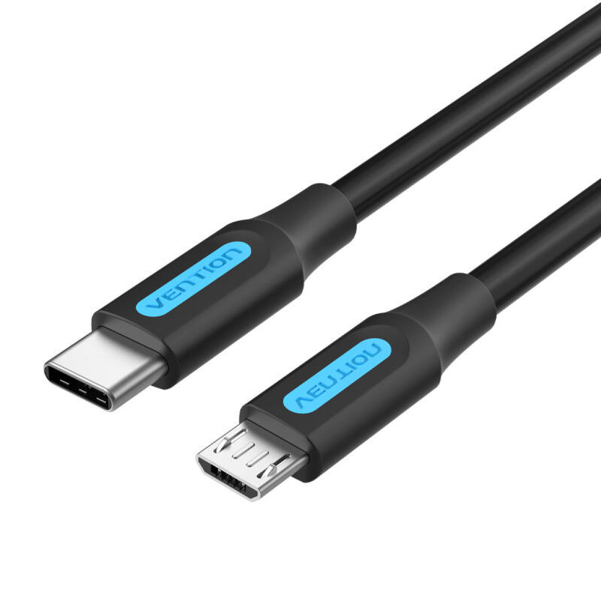 Un cavo da USB-C a micro USB nero con 'VENTION' e 'VENTION' stampato sui connettori.