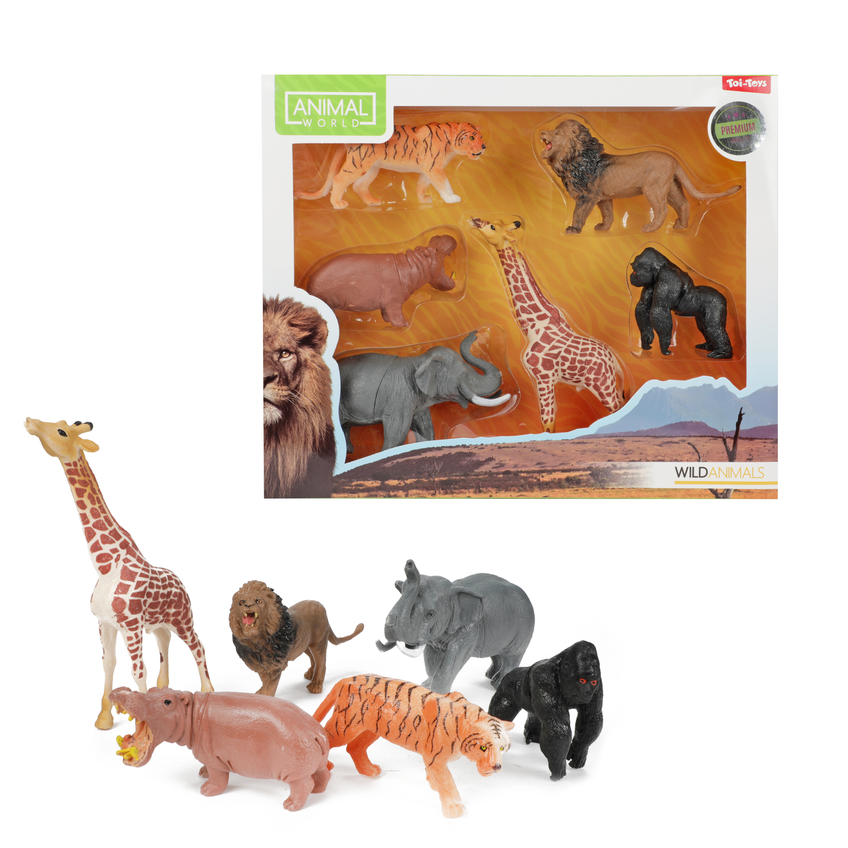 Spielzeugset mit Tierfiguren: Giraffe, Löwe, Nilpferd, Tiger, Elefant und Gorilla.