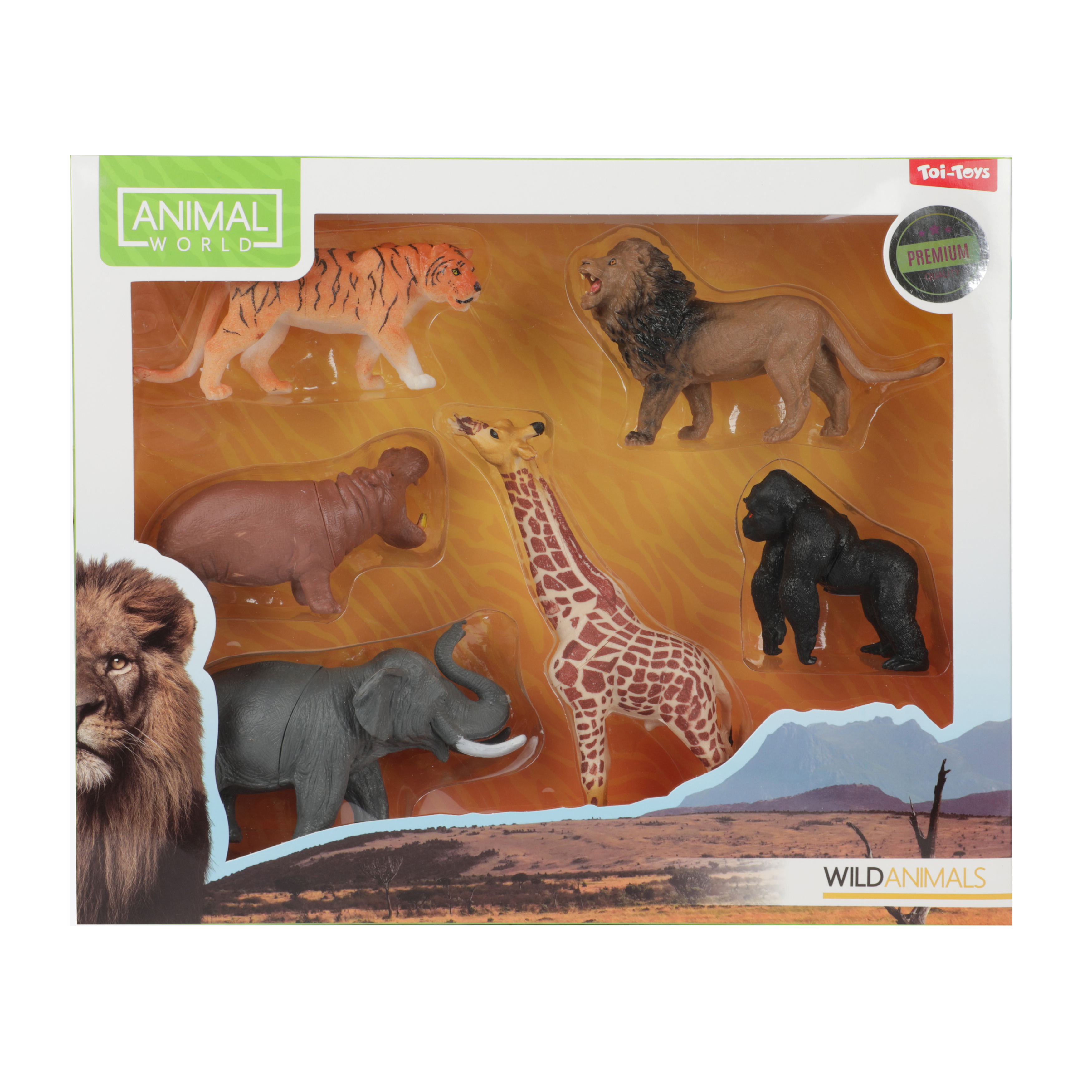 Ein Set von Spielzeug-Safari-Tieren in einer Plastikverpackung.