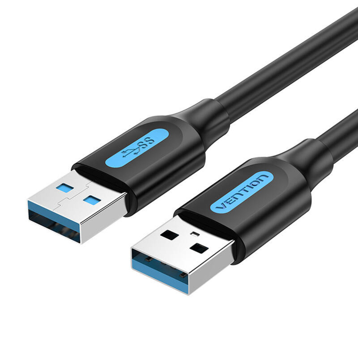 Czarny kabel USB 3.0 z niebieskimi akcentami i logo Vention, białe tło.