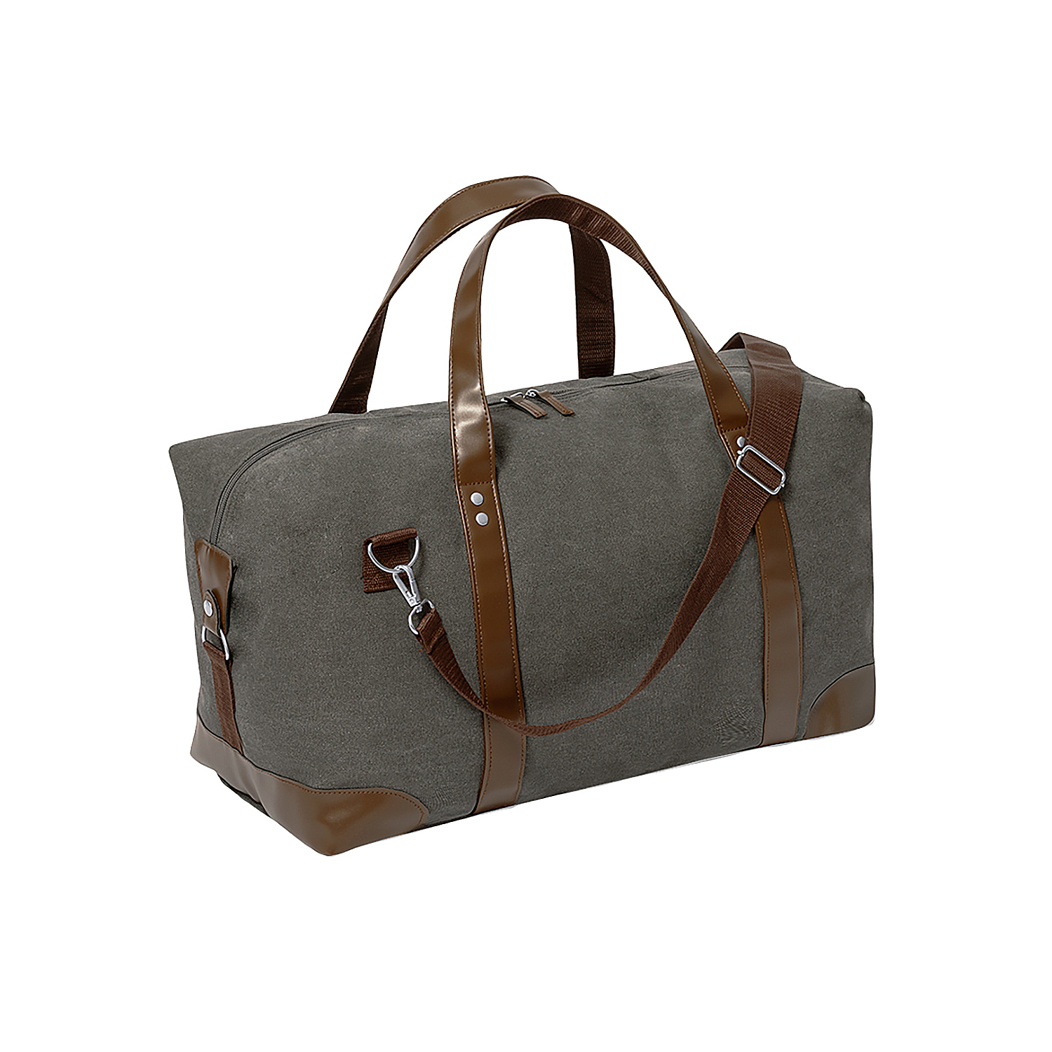 Una bolsa de lona gris con asas y detalles de cuero marrón, sobre fondo blanco.
