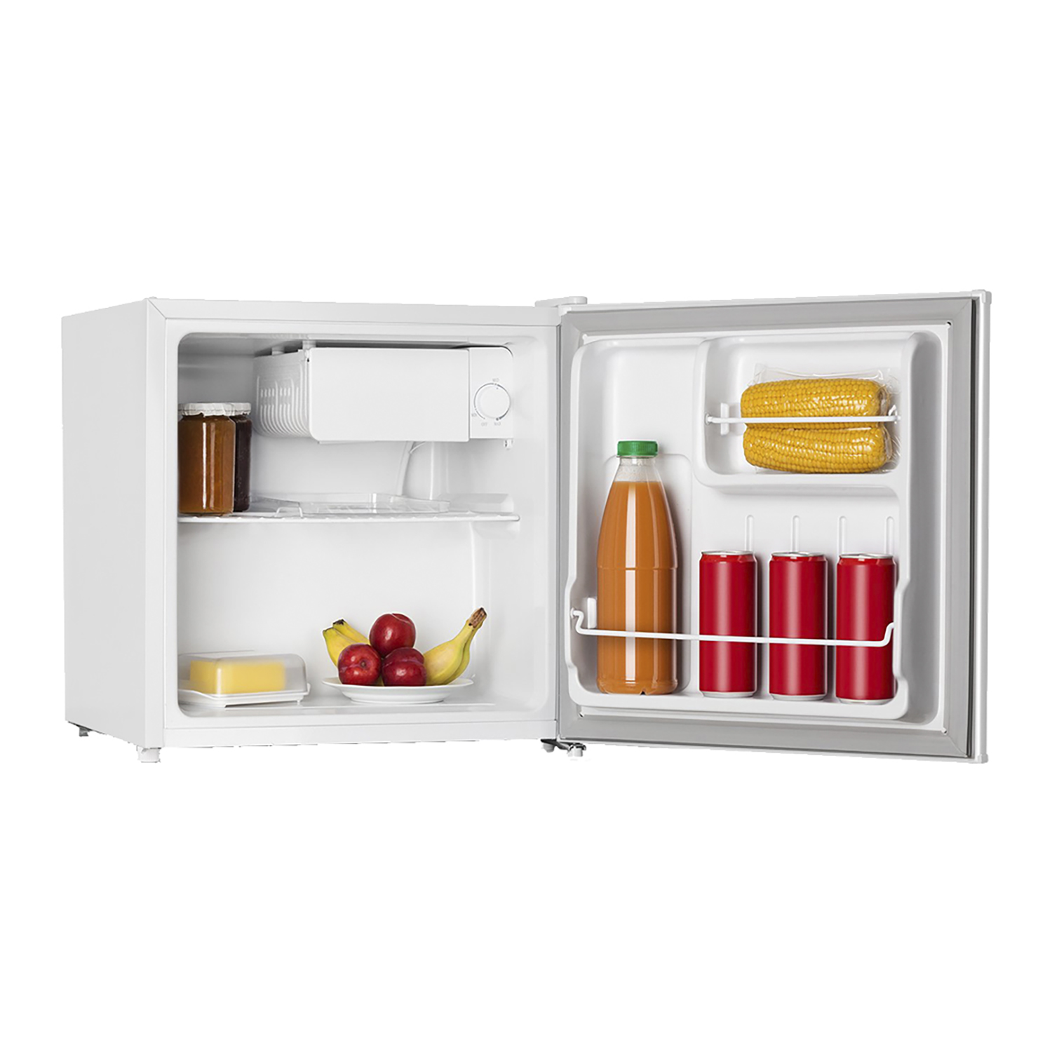 Un mini-frigorifero bianco con la porta aperta che mostra gli alimenti all'interno.