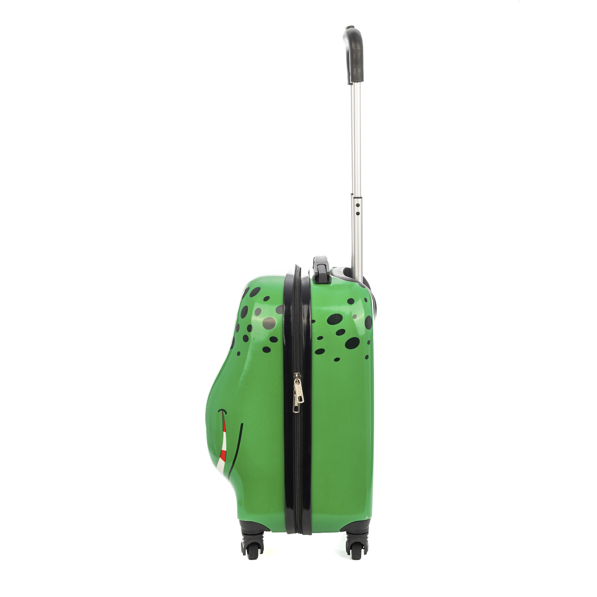 Una maleta verde con forma de dinosaurio, con asa y ruedas.