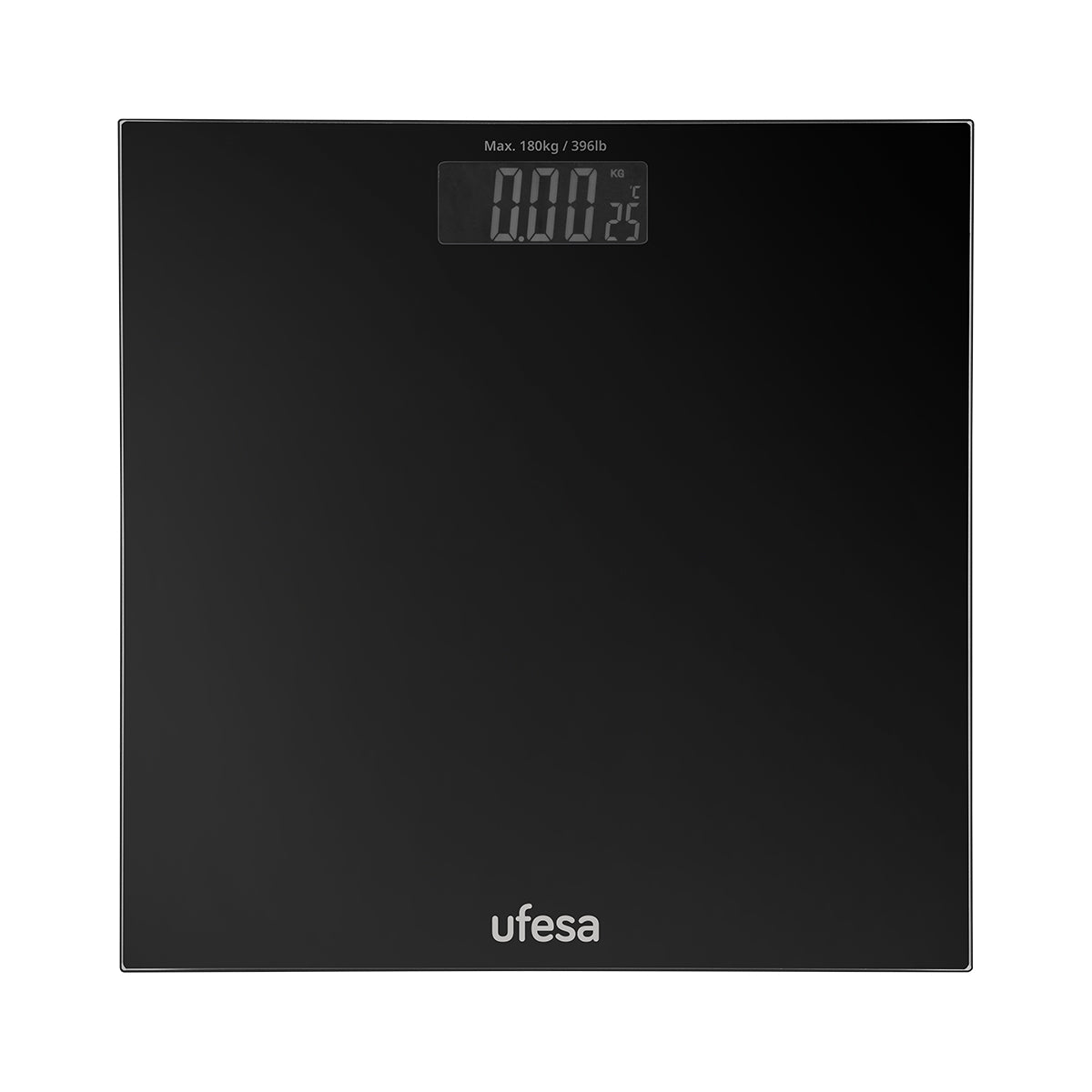 Báscula Ufesa negra, mostrando 0.00 kg y 25°C en una pantalla digital.