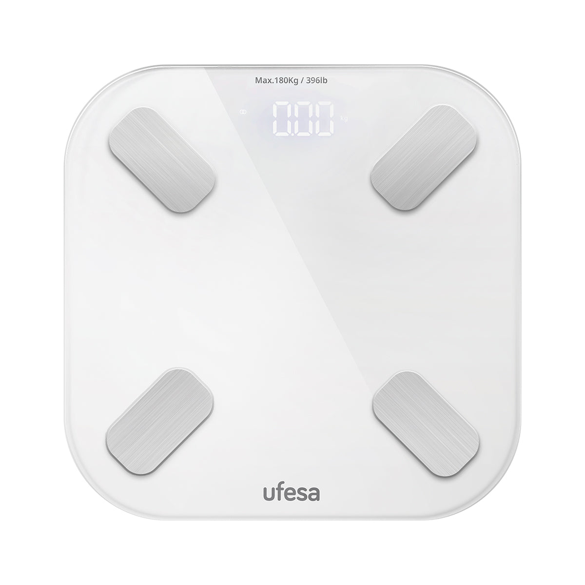 Báscula digital de baño blanca con cuatro almohadillas plateadas.