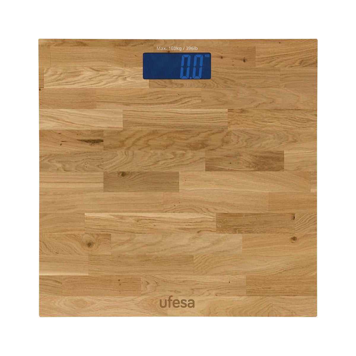 Báscula de baño digital con patrón de vetas de madera y pantalla azul.