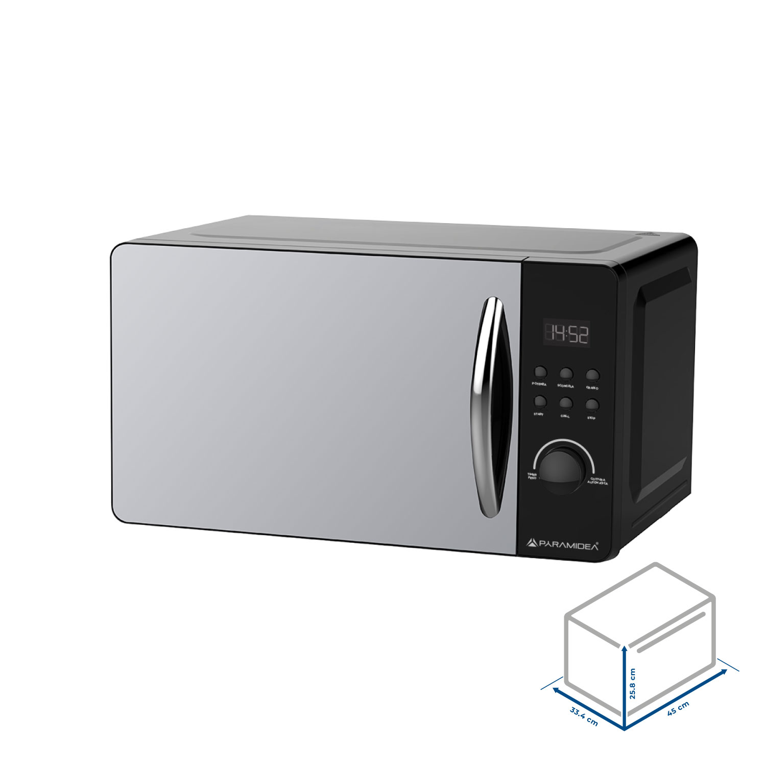Un forno a microonde argentato con pannello nero e diagramma delle dimensioni.