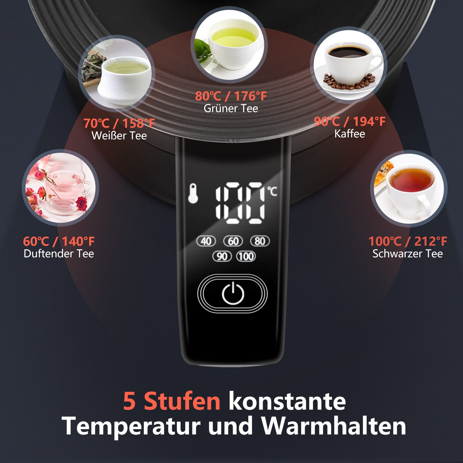 Ein schwarzes Gerät mit Digitalanzeige, die Temperatur anzeigt, mit Teetassen drumherum.