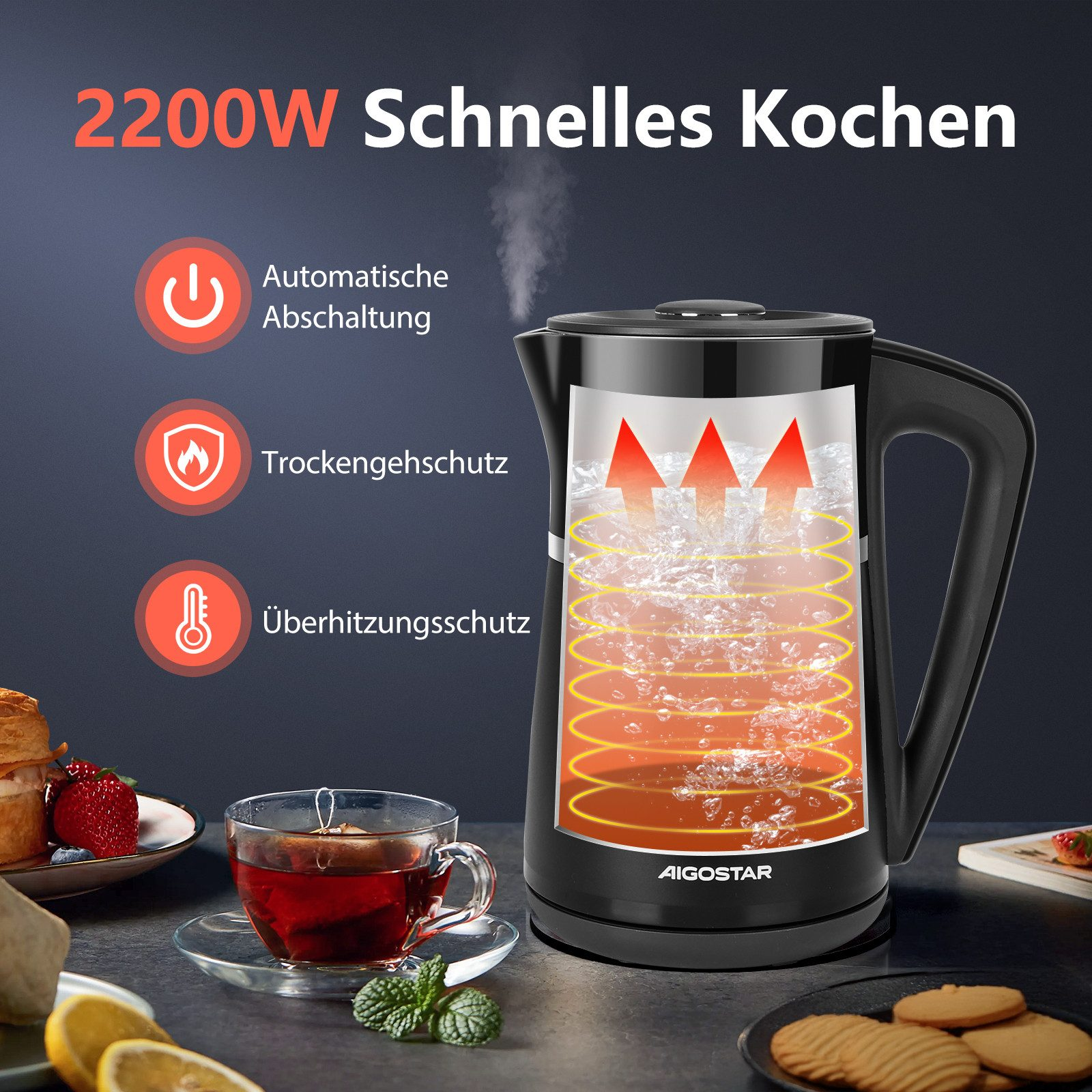 Schwarzer Wasserkocher. Kochendes Wasser mit roten Pfeilen, Teetasse und Kekse.