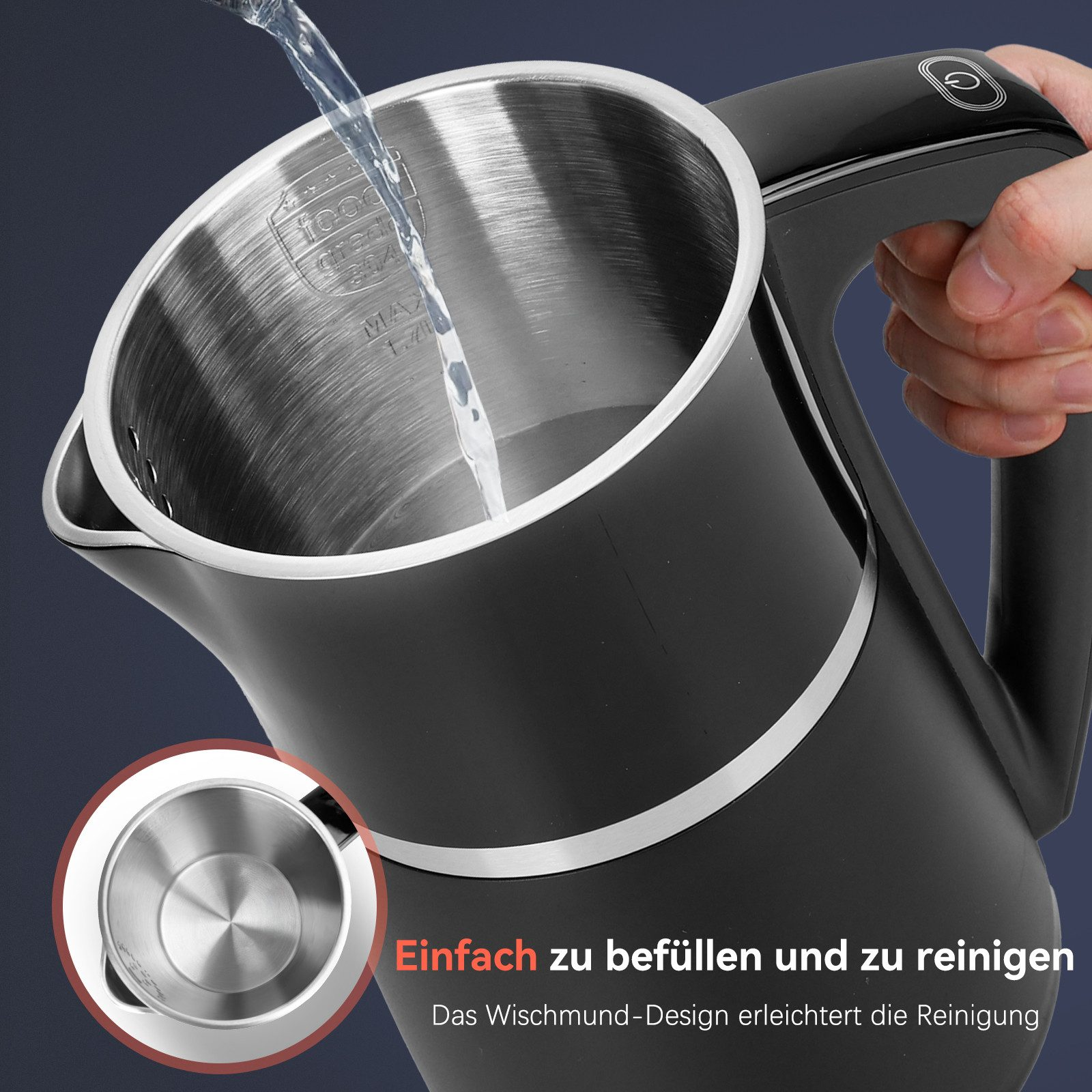 Schwarzer Wasserkocher mit Wasser, Edelstahl-Innenraum.