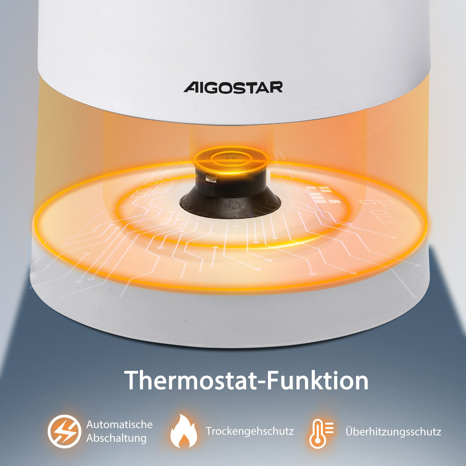 Nahaufnahme eines weißen Geräts mit Heizelement, mit Text zur Thermostatfunktion.