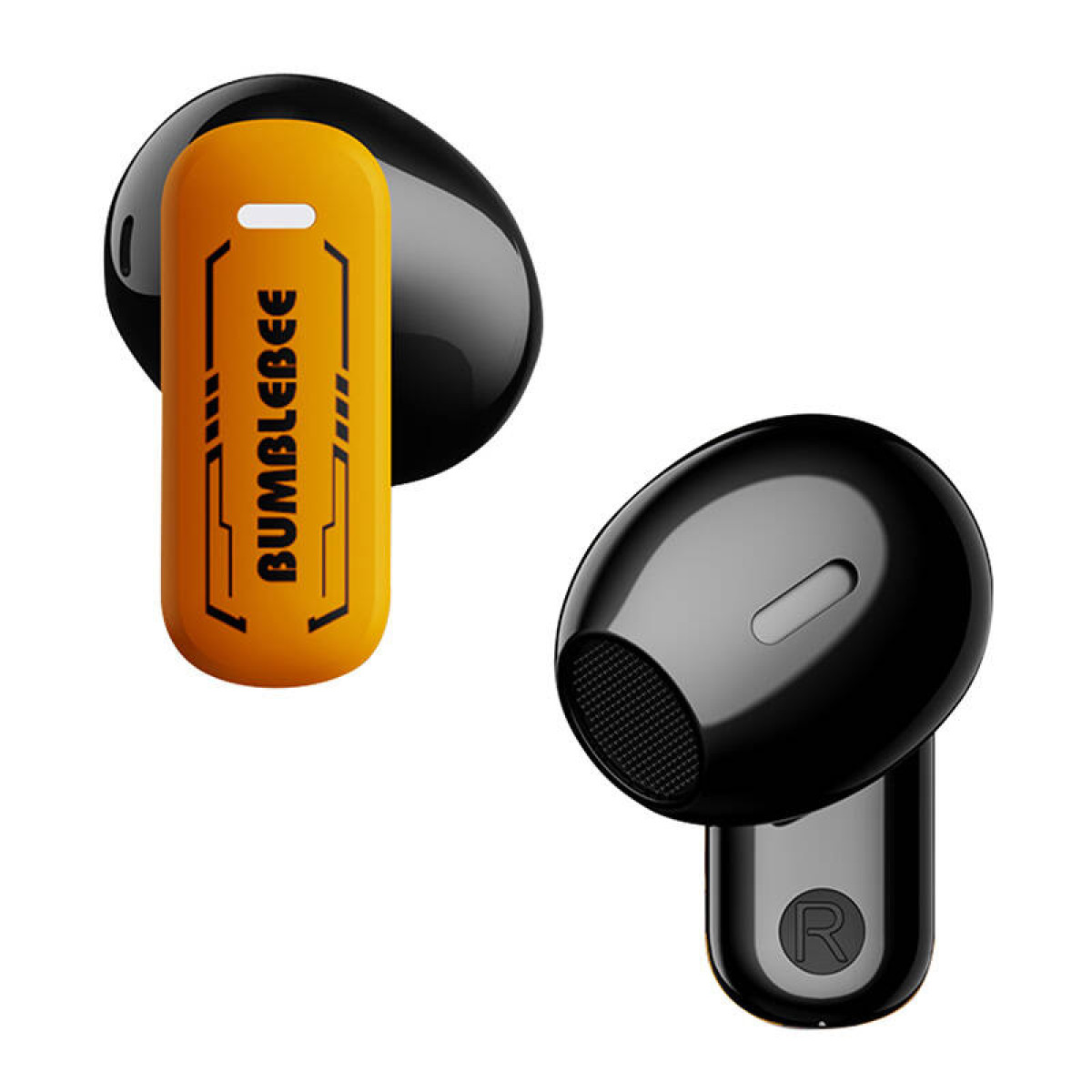 Auriculares inalámbricos, negros y naranjas, con la palabra "BUMBLEBEE" en la carcasa.