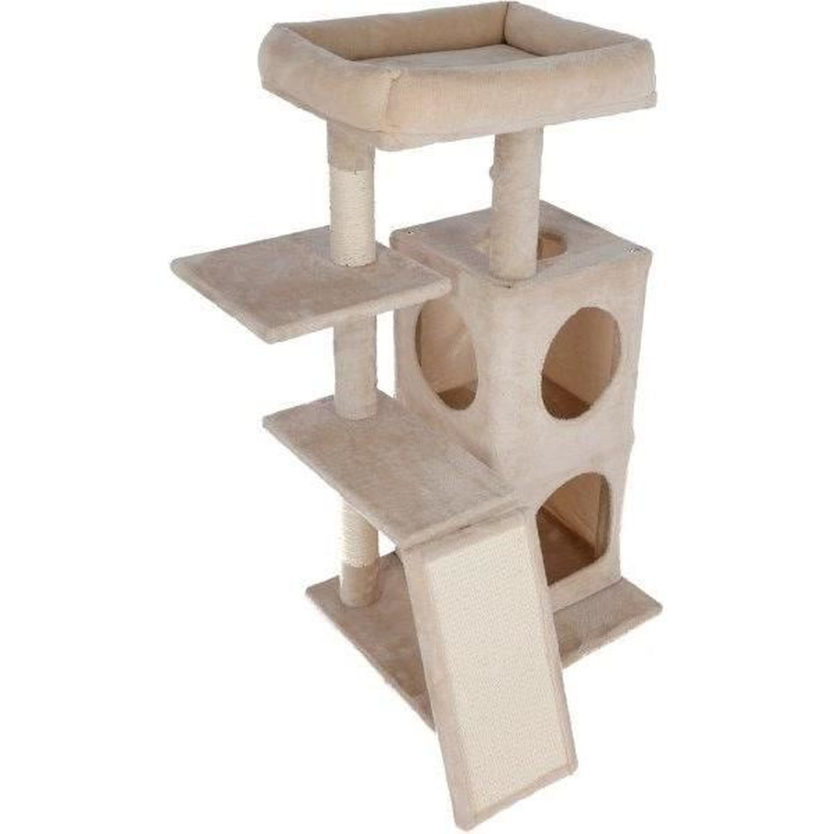 Árbol para gatos beige con múltiples plataformas, un cubo y postes rascadores.