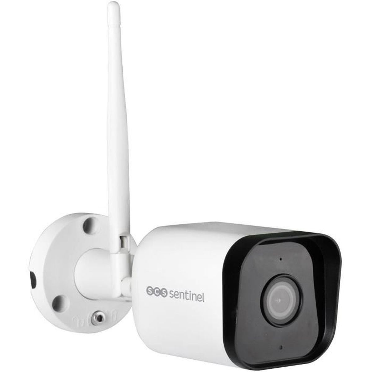 Telecamera di sicurezza esterna bianca con antenna, obiettivo nero e logo sentinel.