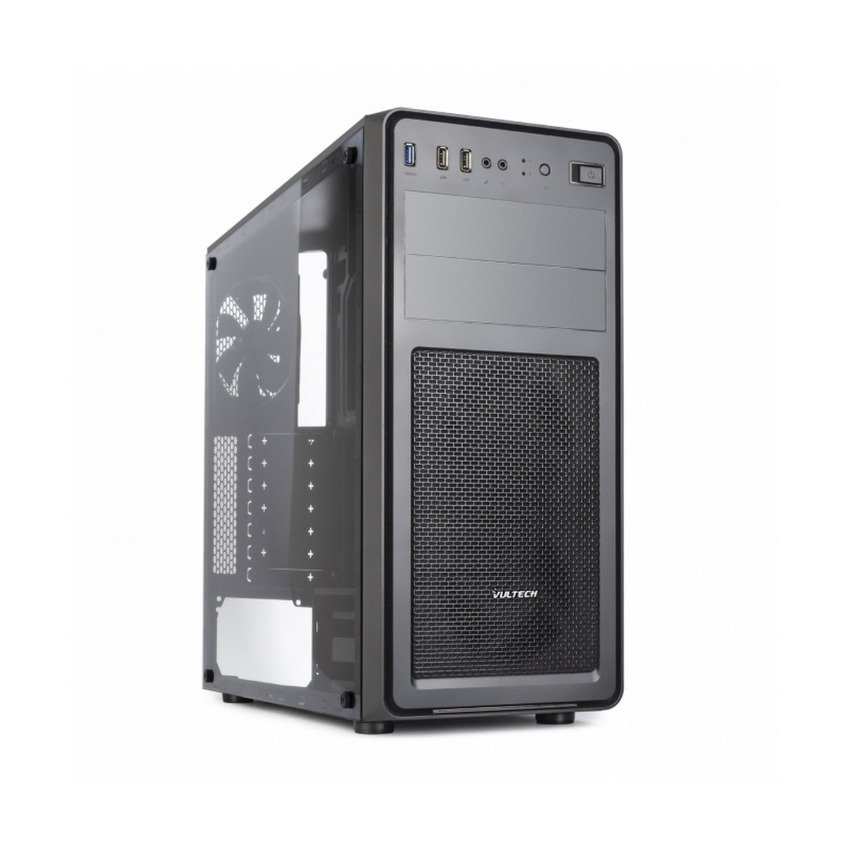 Un case per computer, frontale grigio, con pannello laterale trasparente e ventola visibile all'interno.