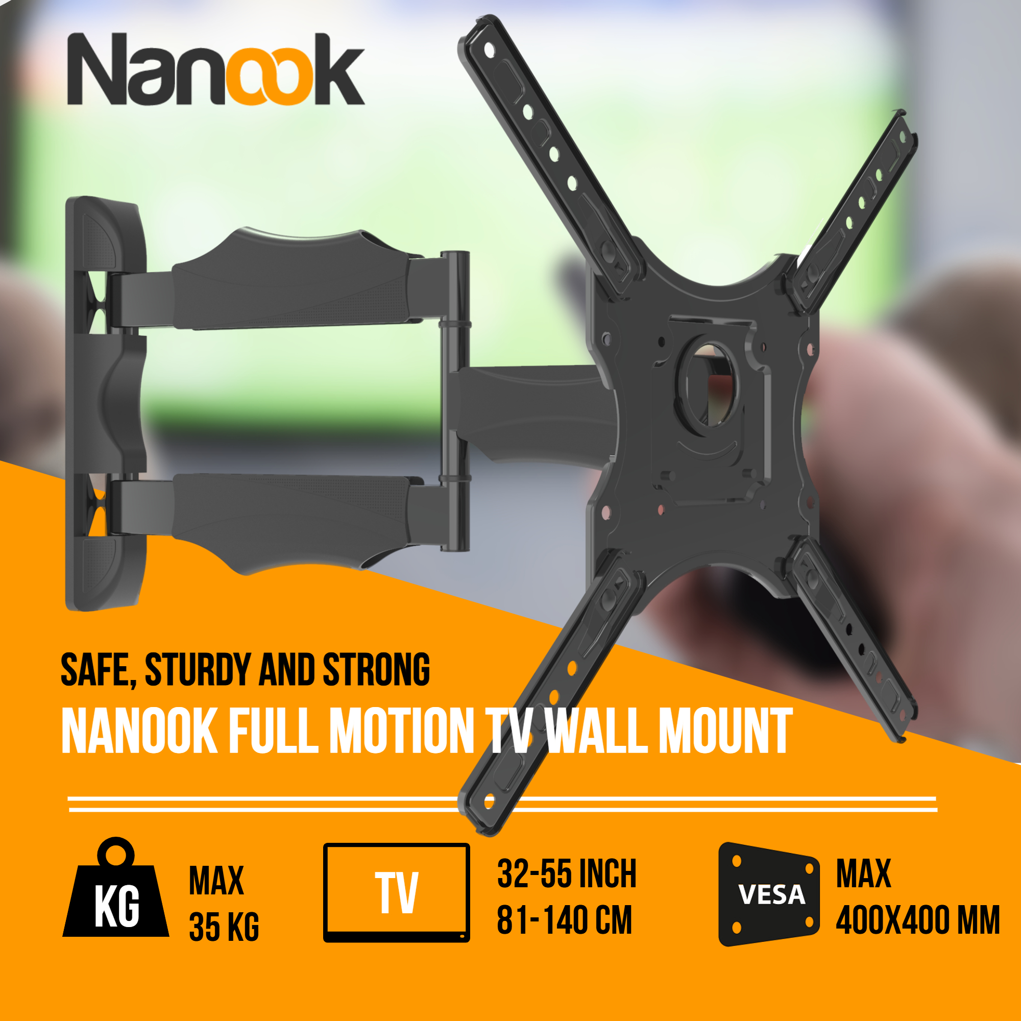 Uchwyt ścienny Nanook do TV z pełnym zakresem ruchu. Czarny uchwyt z ramionami i wspornikami.