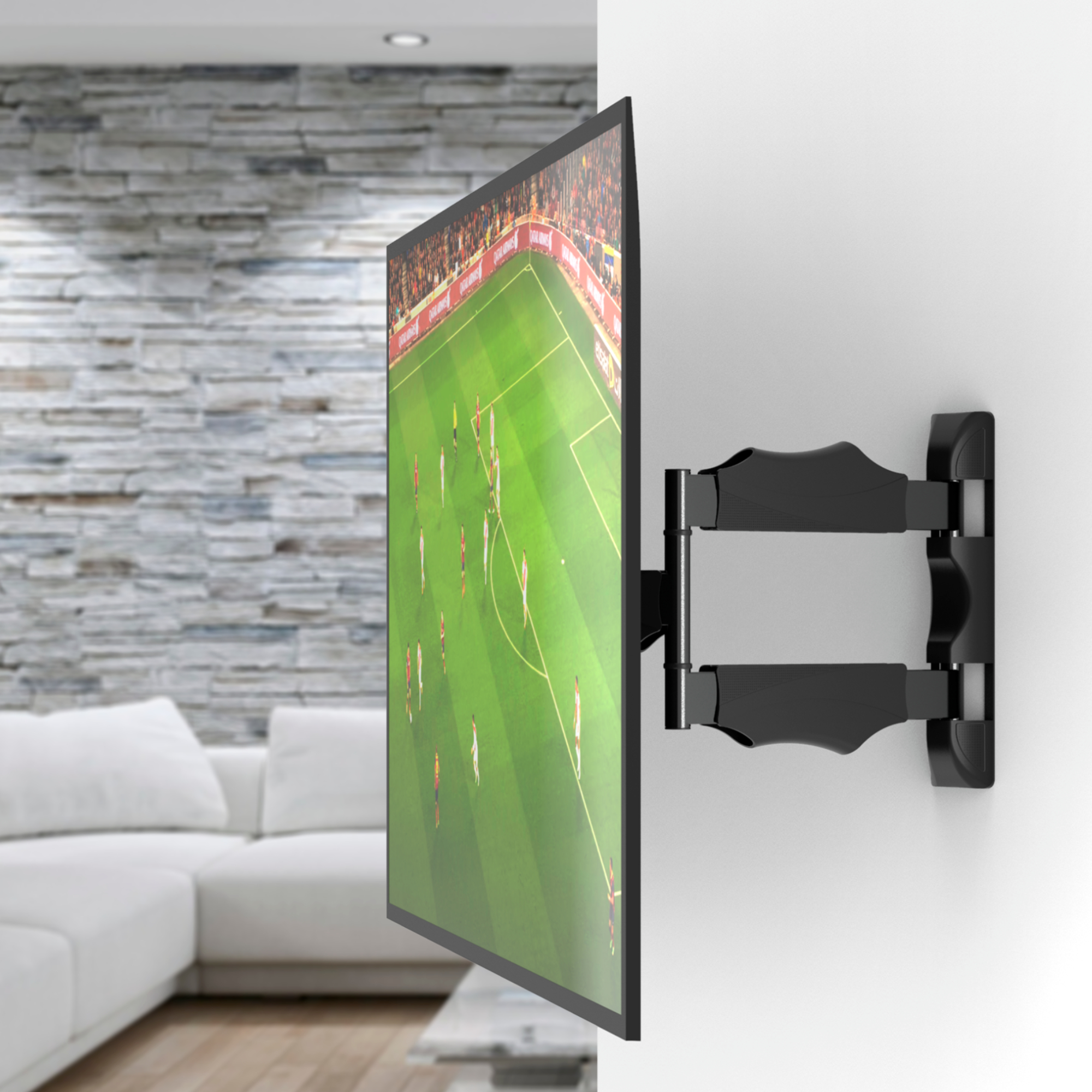 Telewizor zamontowany na ścianie z meczem piłki nożnej.