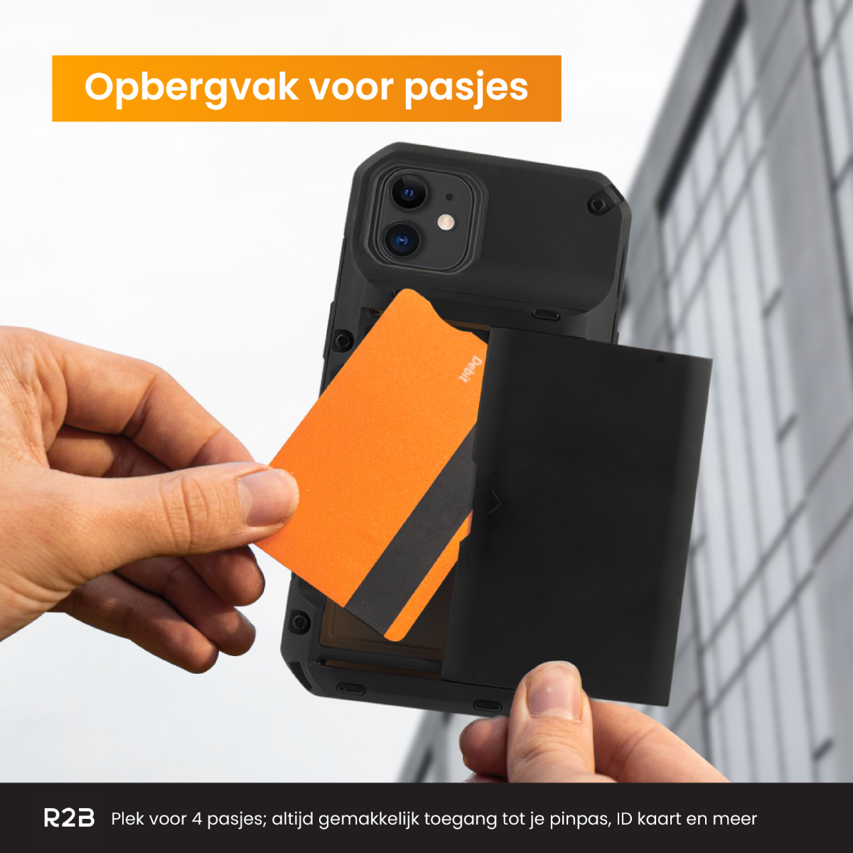 Black phone case with a slot for cards. An orange card is being inserted into the slot.