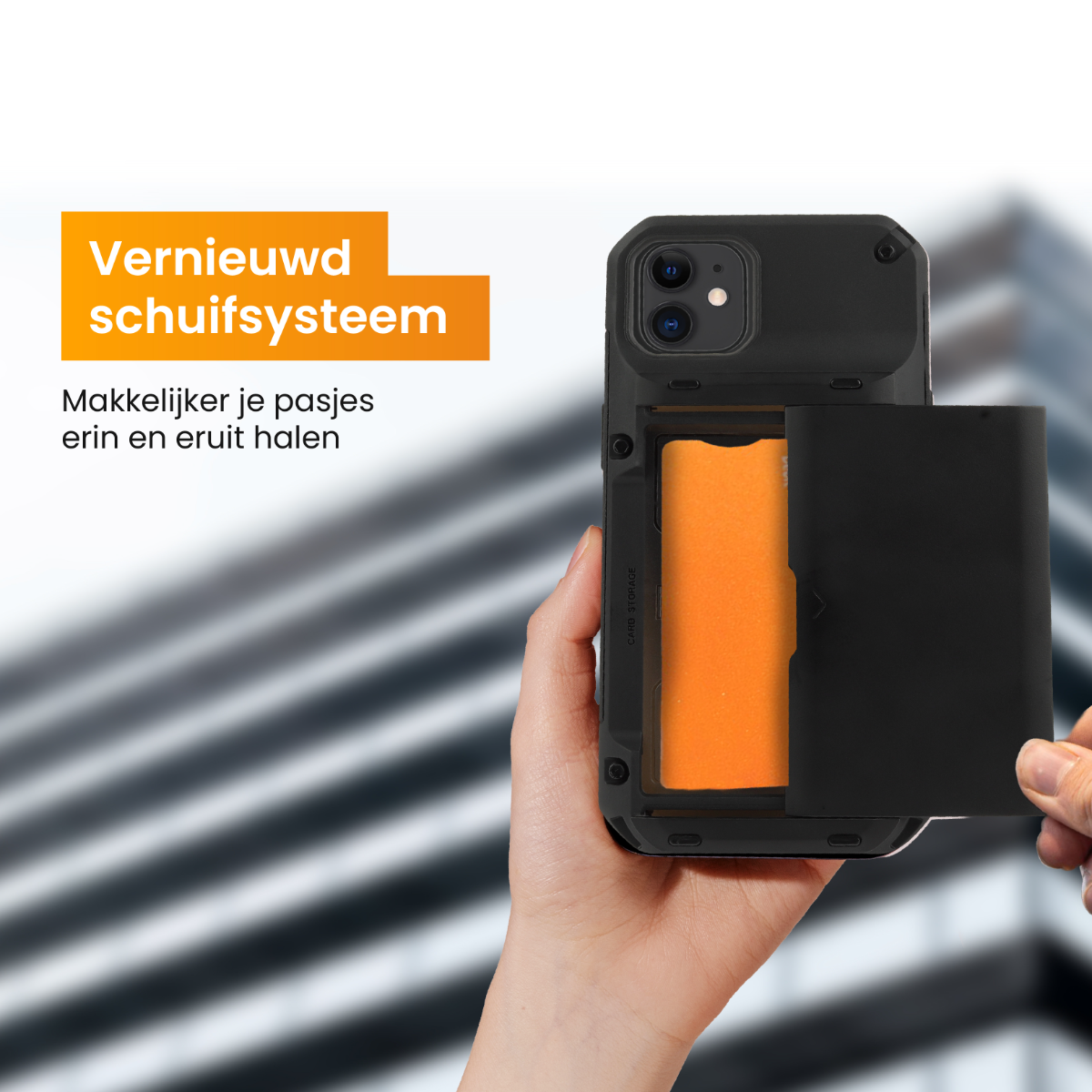 A phone case with a sliding card storage. A hand is opening the card compartment.