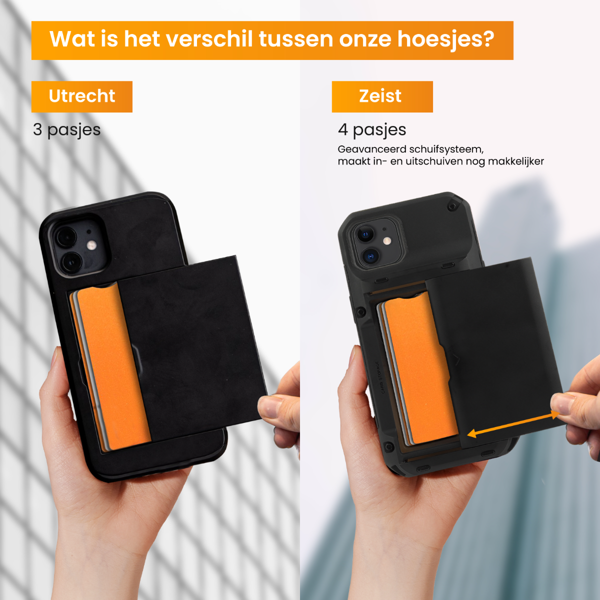 Hands holding phone cases with a card holder. Comparison of two different cases.