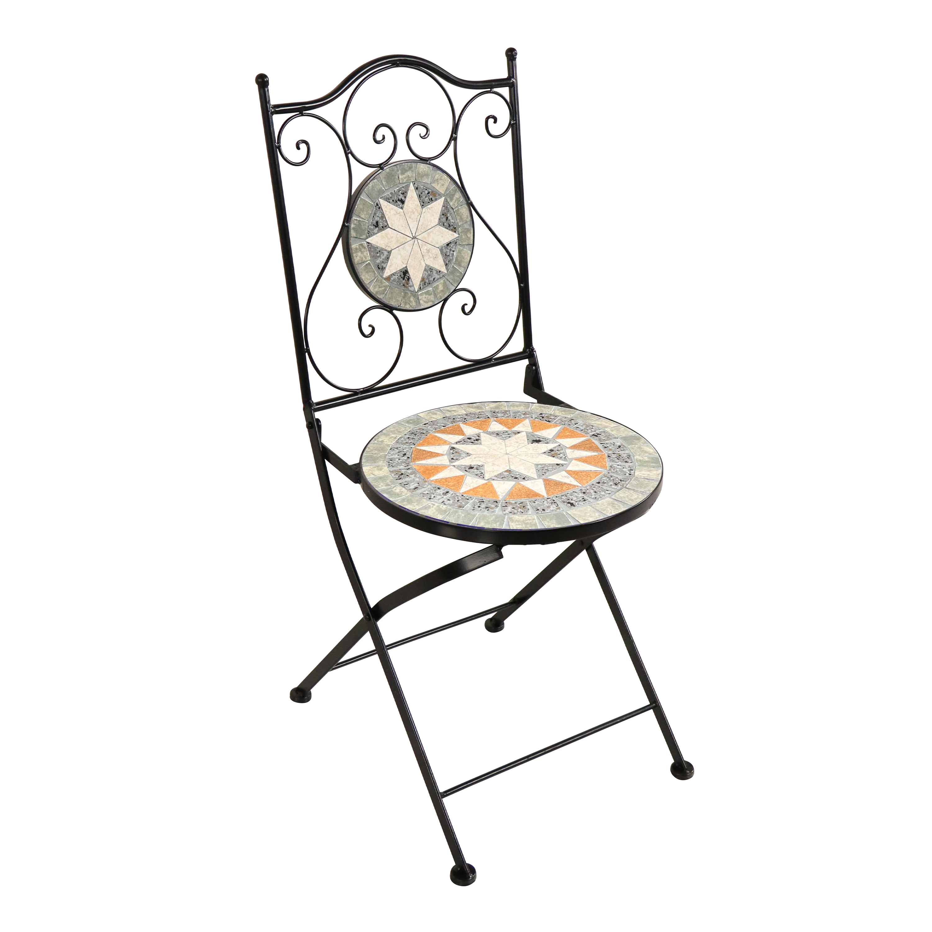 Ein Metall-Klappstuhl mit Mosaikfliesen-Sitz und -Rückenlehne.