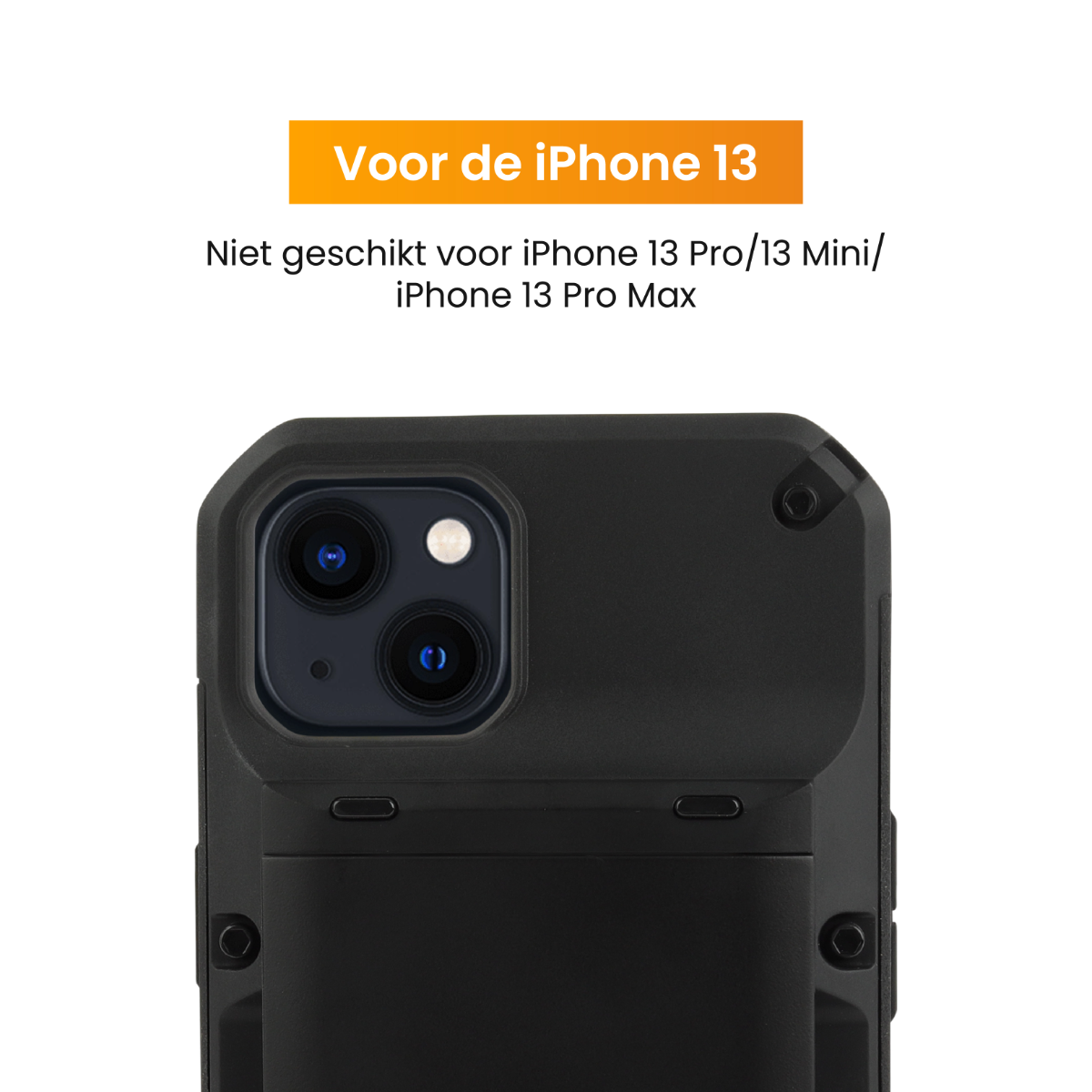 Coque de téléphone noire avec une découpe pour l'appareil photo et le texte 'Voor de iPhone 13'.