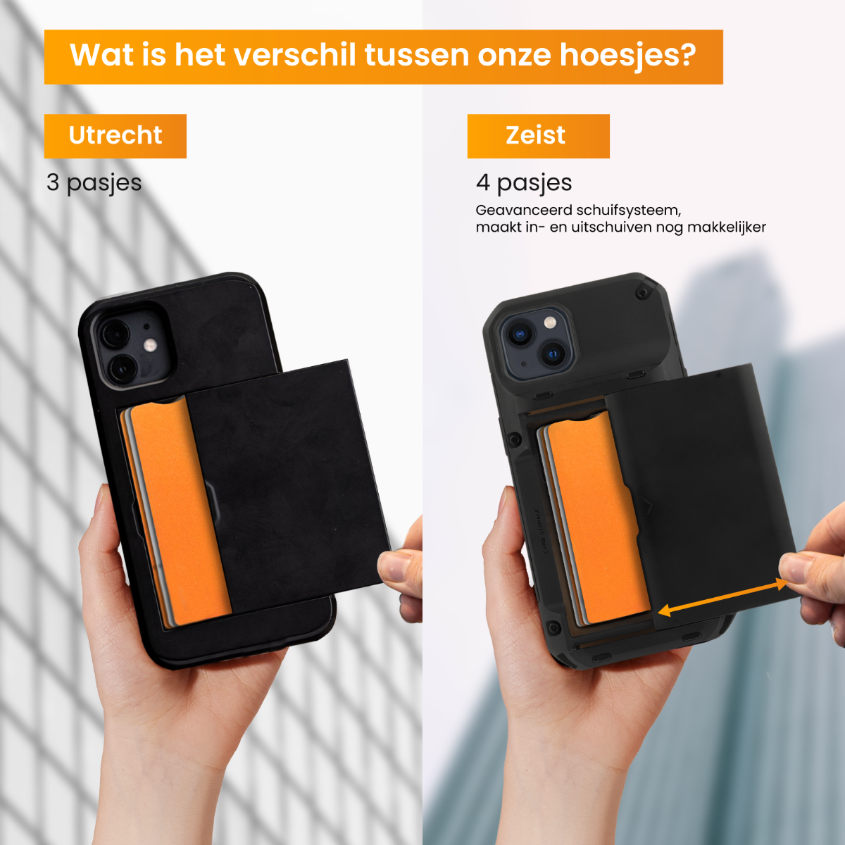Deux mains tenant des étuis de téléphone noirs, un avec trois fentes, l'autre avec quatre pour les cartes.