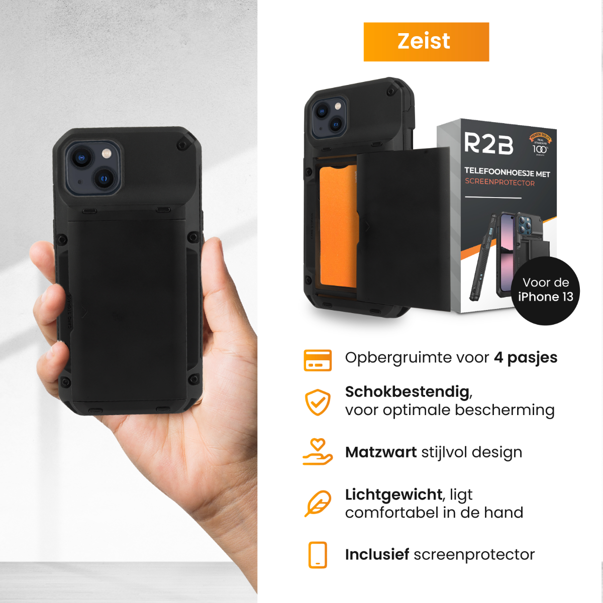 Coque de téléphone noire avec emplacements pour cartes et une boîte d'informations.