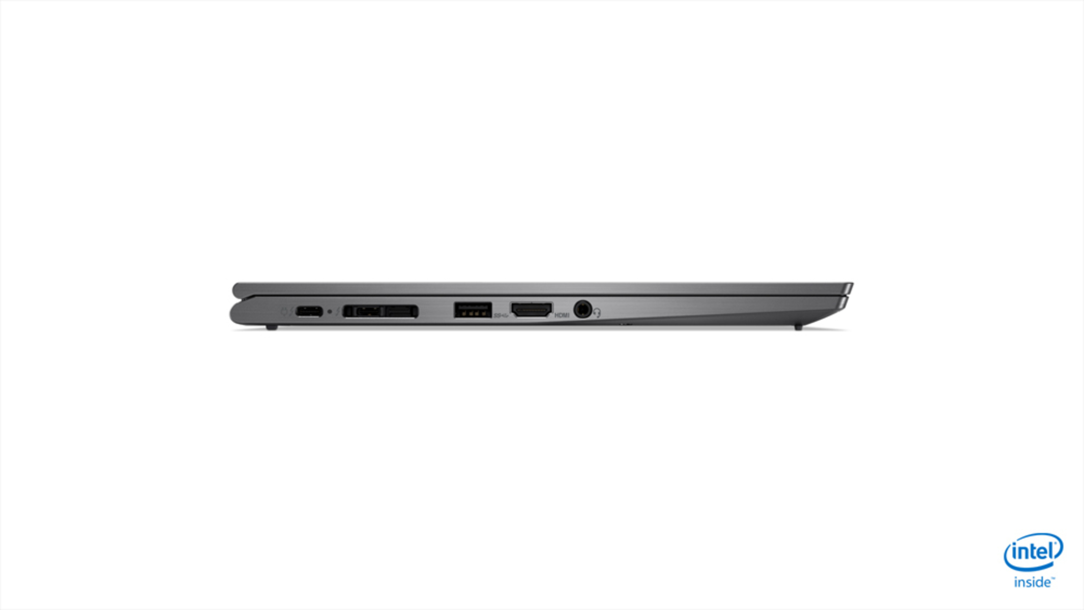 Seitenansicht eines grauen Laptops mit Anschlüssen. Anschlüsse: USB, HDMI, Audio, Strom.