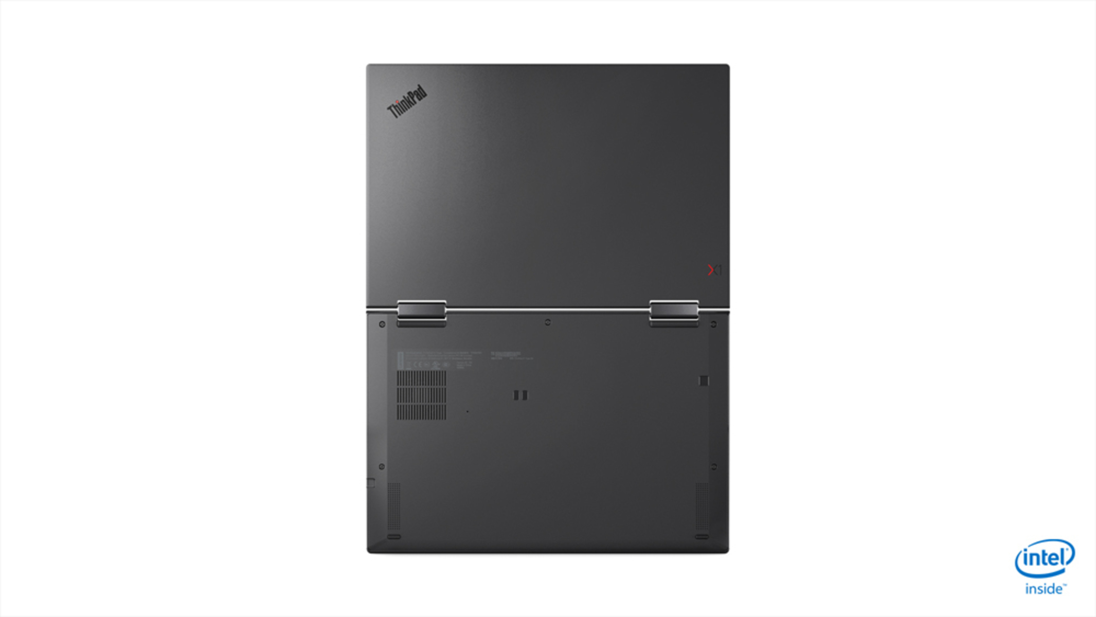 Ein schwarzes ThinkPad-Laptop, Ober- und Unterseite sichtbar. Die Oberseite ist geöffnet, mit ThinkPad-Logo.