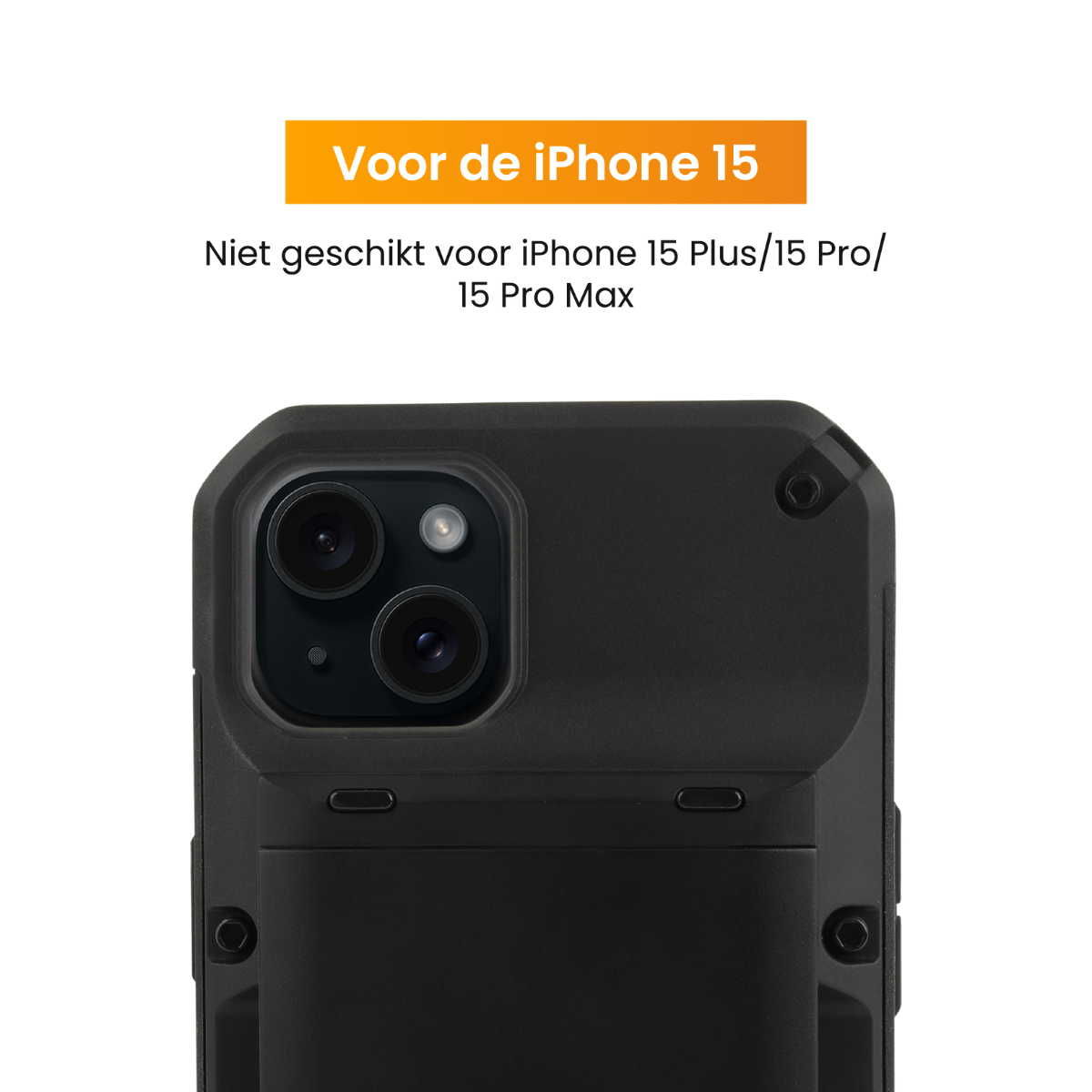 Coque noire pour iPhone 15. Texte : 'Pour iPhone 15' et 'Pas pour Pro/Max'.