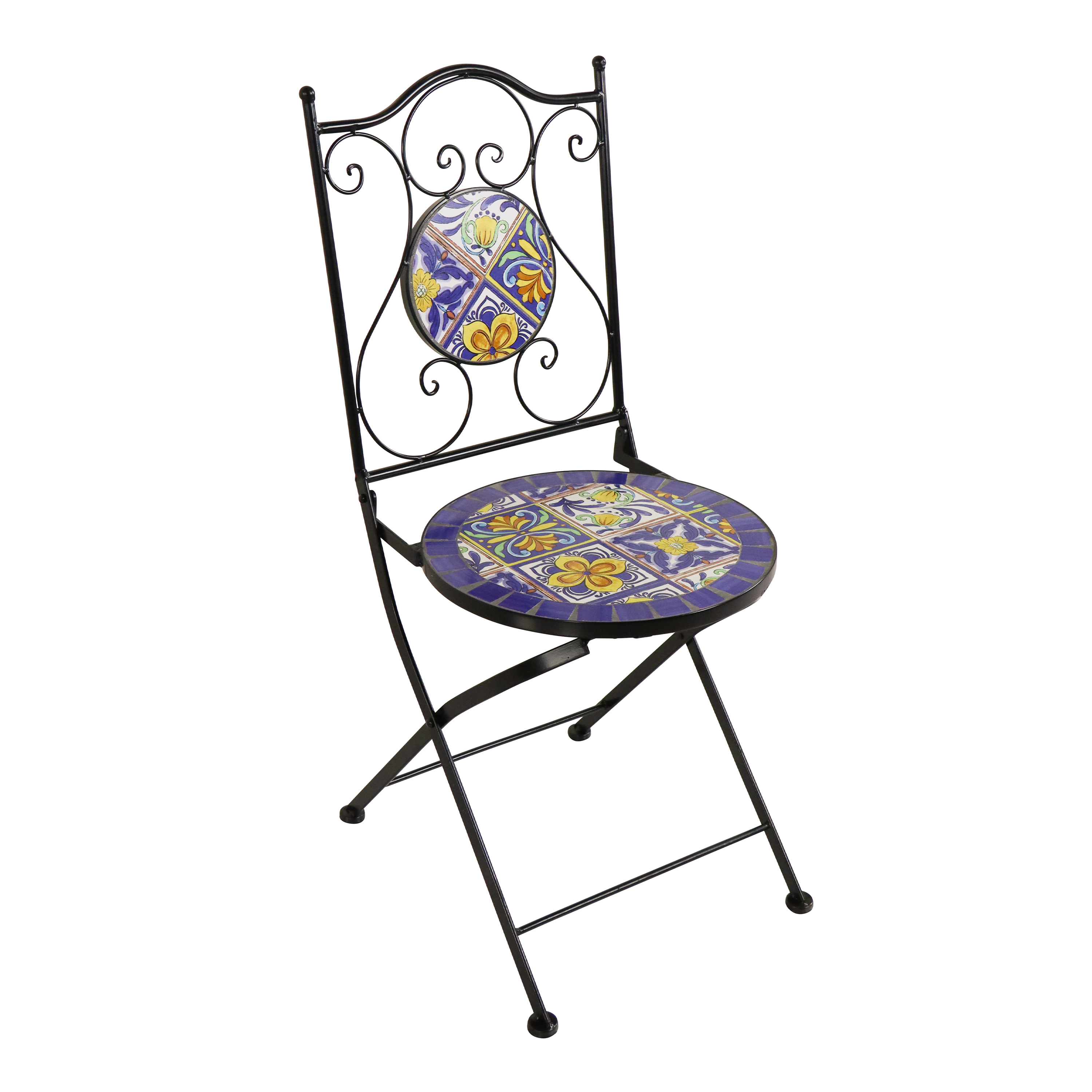 Schwarzer Metallklappstuhl mit buntem Mosaikdesign auf Sitz und Rückenlehne.