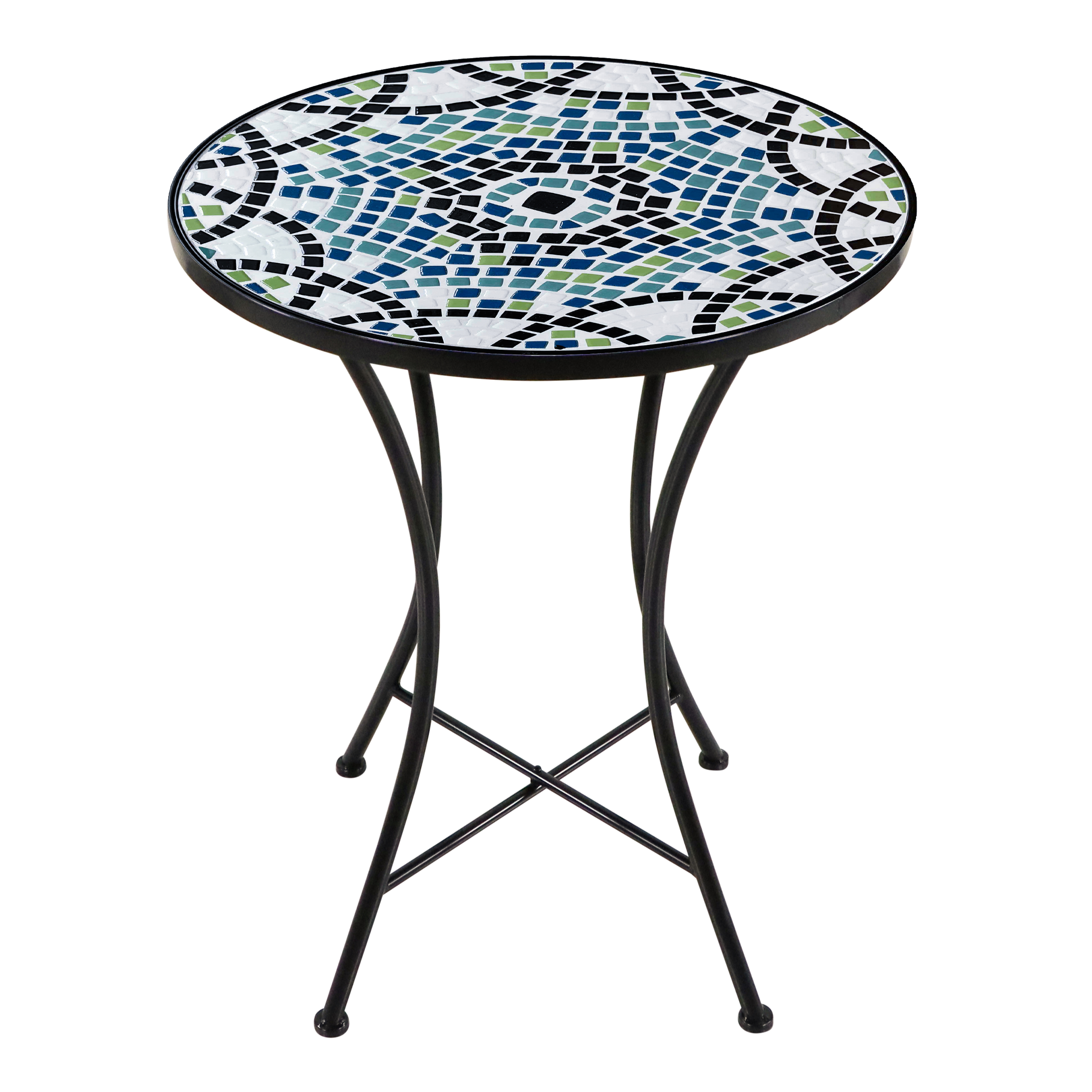 Runder Mosaiktisch mit schwarzen Beinen. Die Oberseite hat ein farbenfrohes Mosaikmuster.