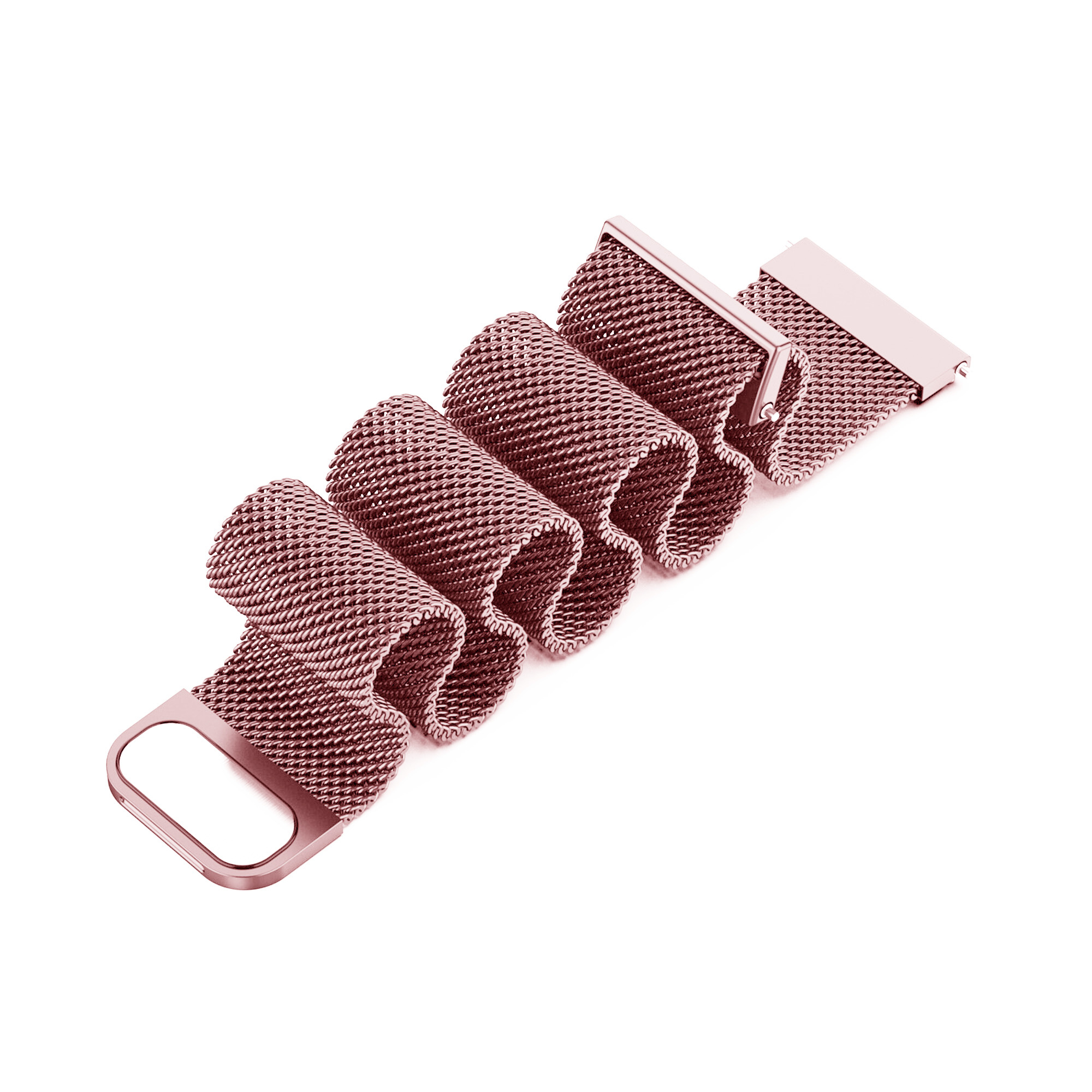 Roségoldenes Metallgeflecht-Uhrenarmband, flach auf weißem Hintergrund ausgebreitet.