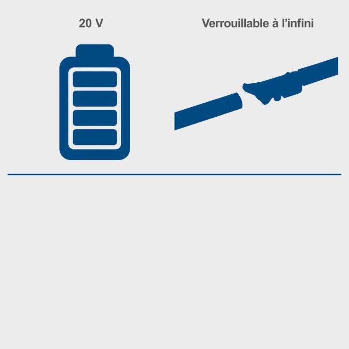 Bild eines Batteriesymbols und ein Diagramm, das einen Stecker zeigt. Weißer Hintergrund. Text: 20V und 'Verriegelbar'.