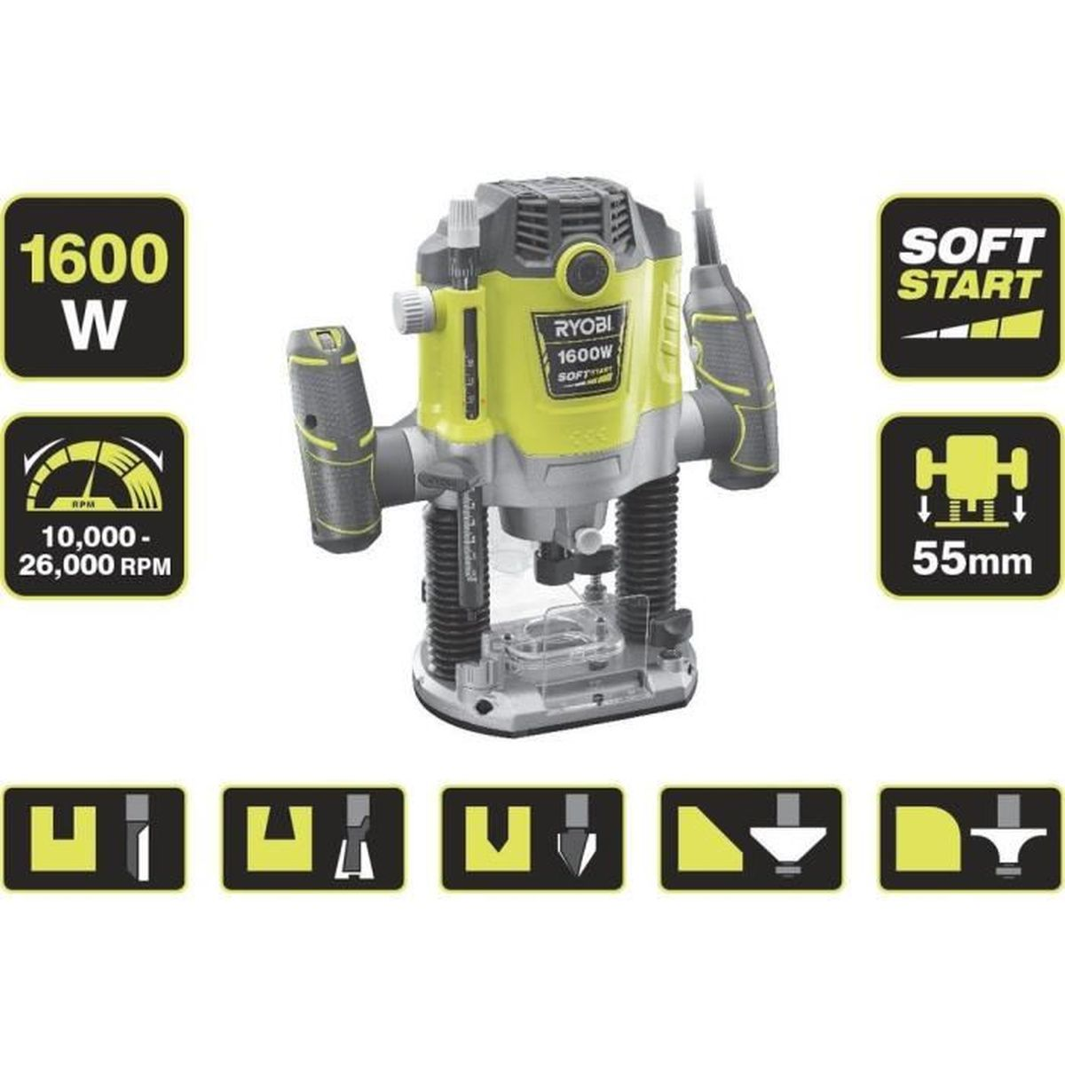 Ein gelb-grauer RYOBI-Router mit mehreren Köpfen. Details umfassen RPM- und Soft-Start-Etiketten.