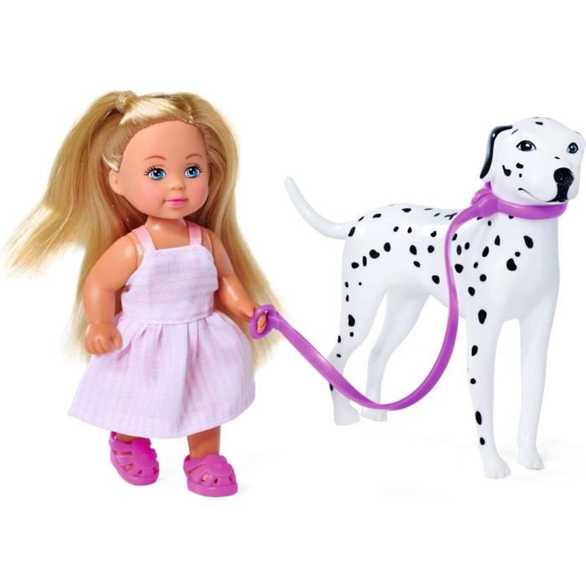 Eine Puppe mit blonden Haaren und einem rosa Kleid, die einen Dalmatiner mit einer lila Leine ausführt.