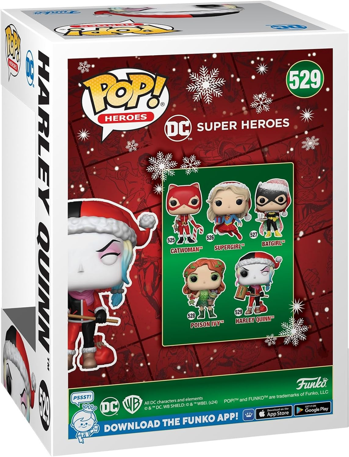 Caja Funko Pop con figura de Harley Quinn con gorro de Santa y otras figuras de superhéroes.