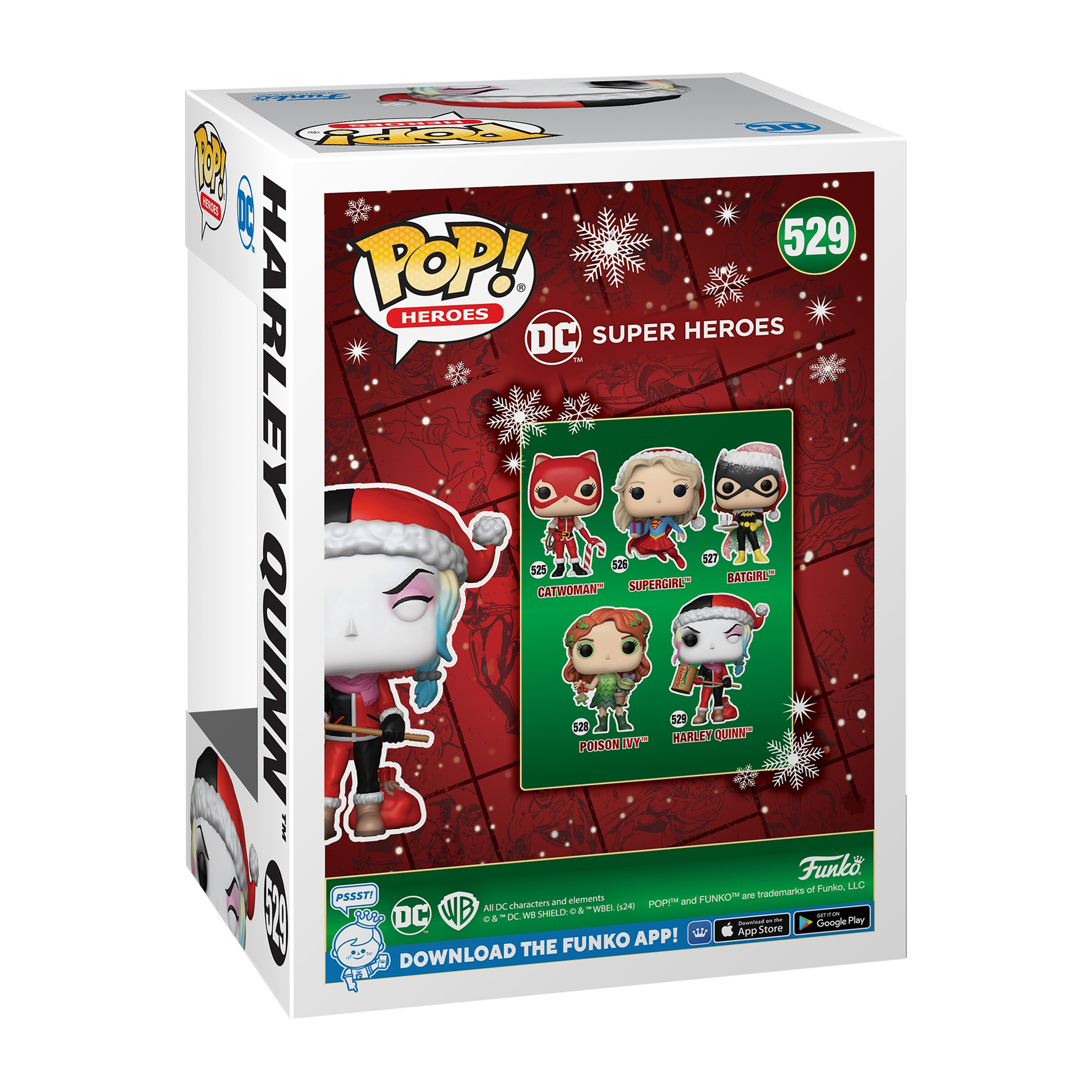 Caja Funko Pop con Harley Quinn con gorro de Santa y otros superhéroes de DC.