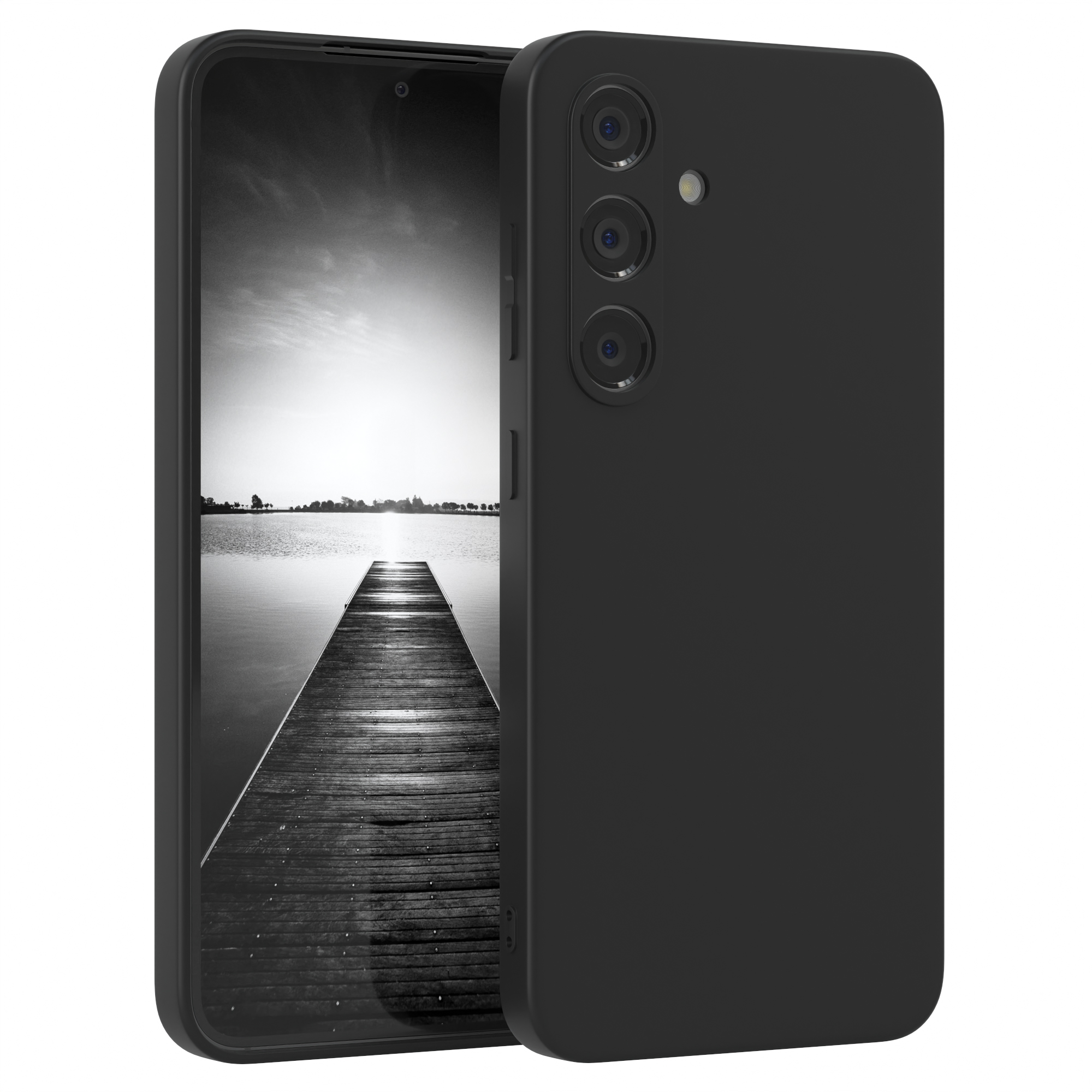 Schwarzes Telefon mit Dock- und Wasserscreen, vor weißem Hintergrund.
