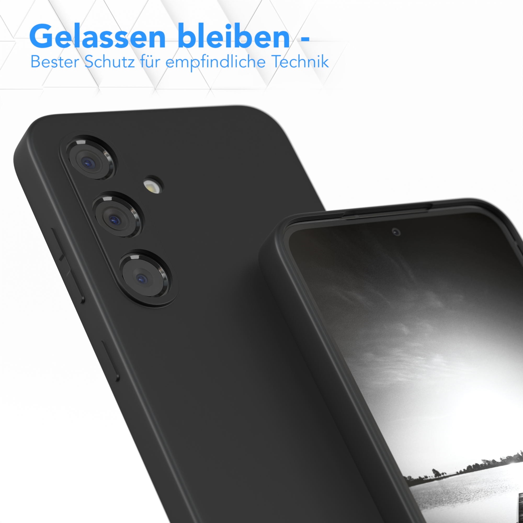 Nahaufnahme eines schwarzen Telefons mit Hülle und Text auf Deutsch.